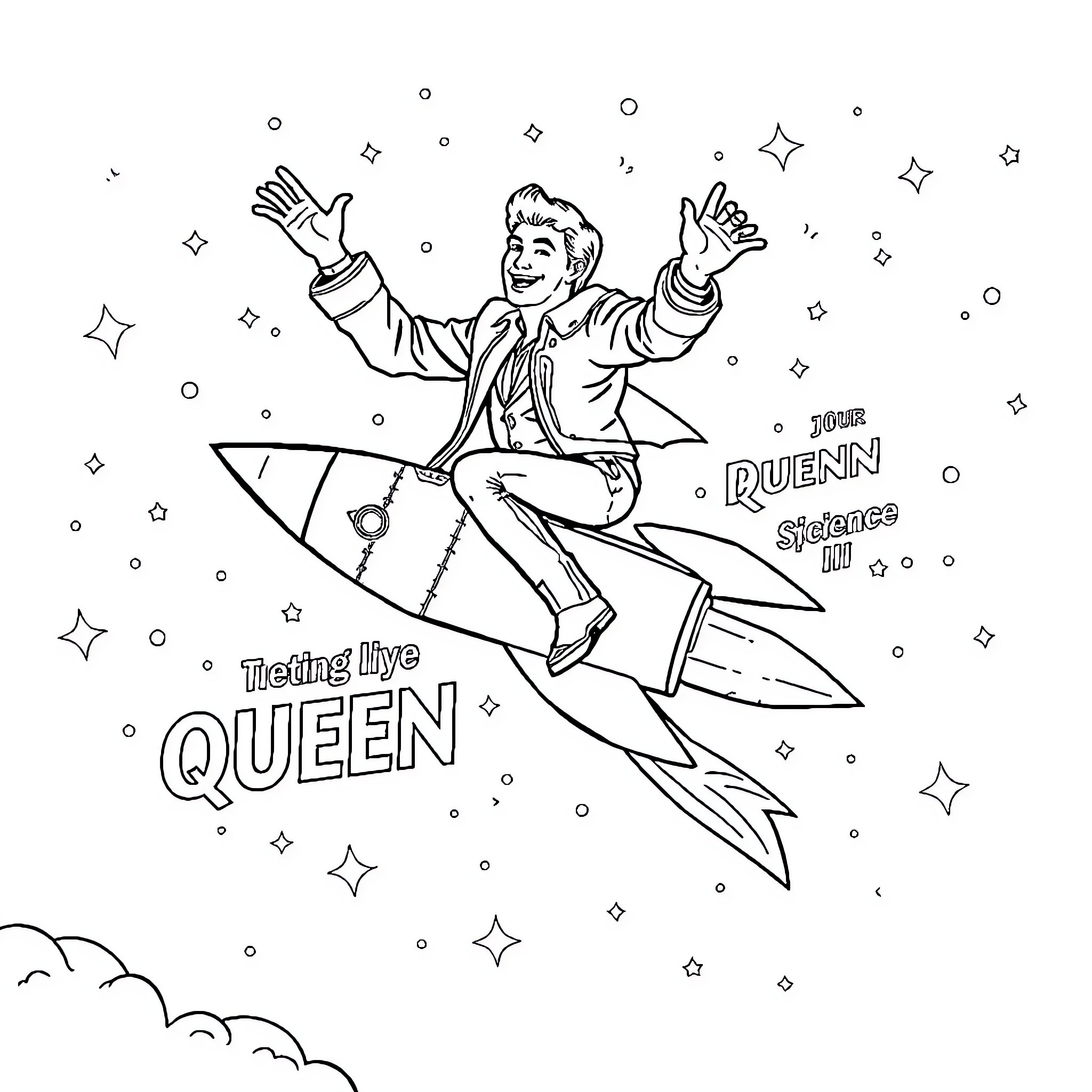 Freddie Mercury riding the Queen rocket into the cosmos Coloring Page (free black-and-white line drawing printable PDF for all, from beginners to advanced learners, including children, teens, adults, and seniors)