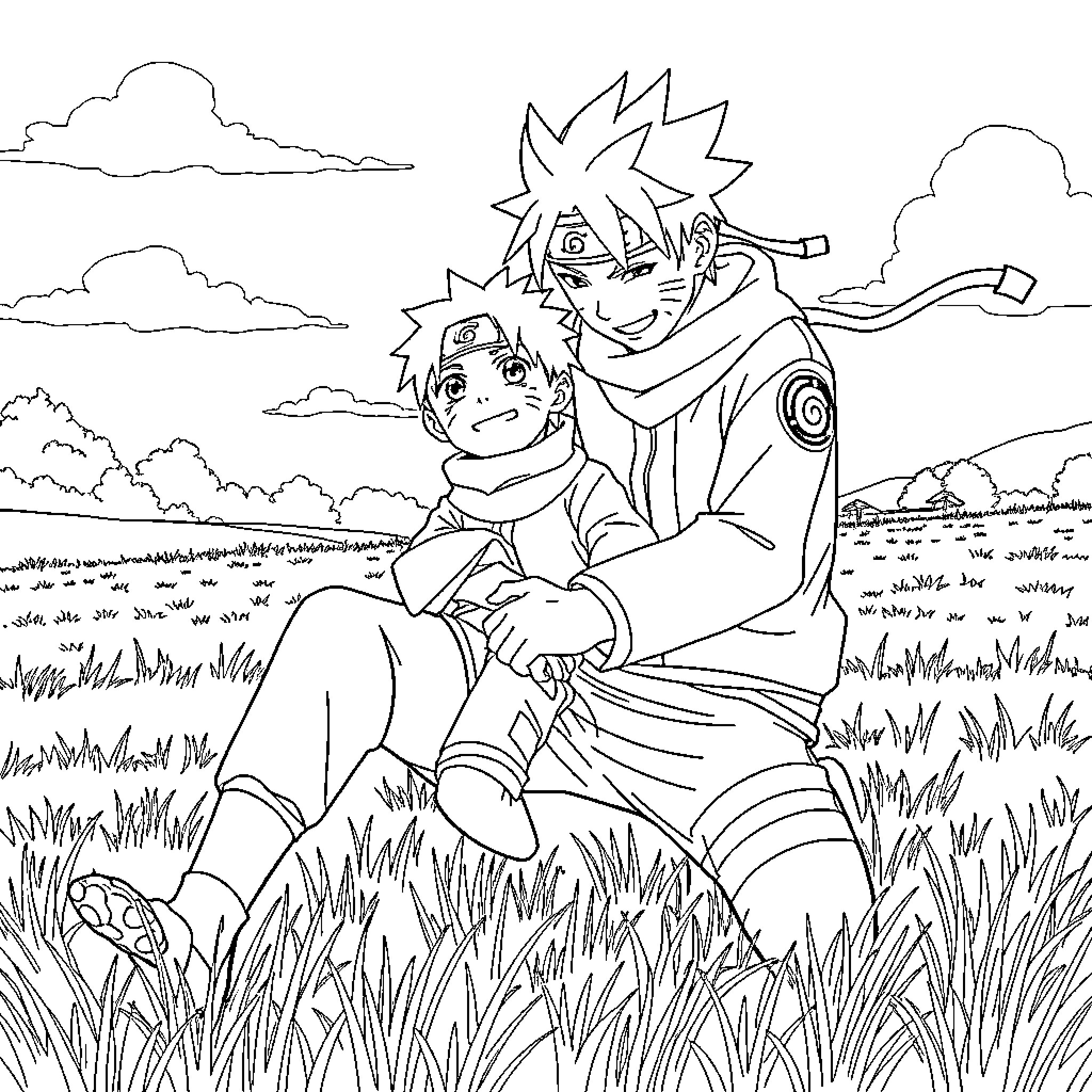 Minato Namikaze comforts a young shinobi in a grassy field Coloring Page (free black-and-white line drawing printable PDF for all, from beginners to advanced learners, including children, teens, adults, and seniors)