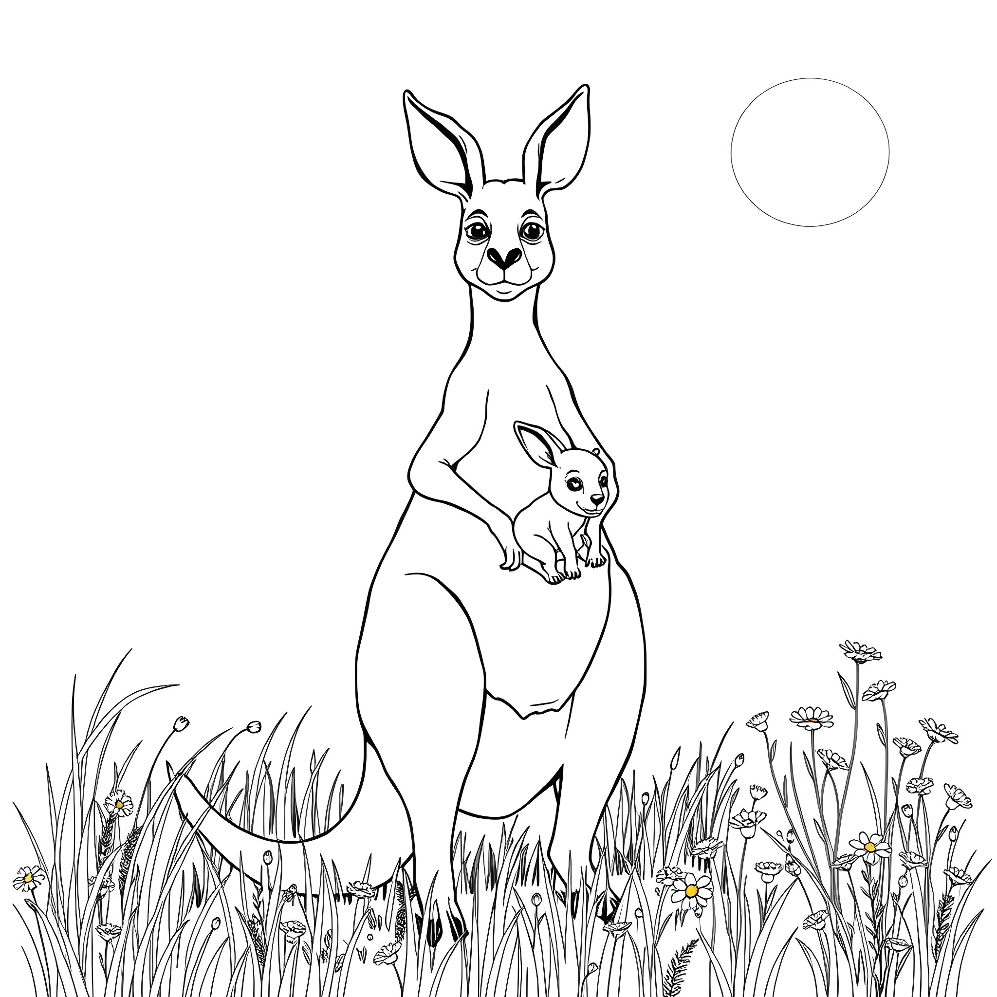 Kangaroo and baby kangaroo in the meadow Coloring Page (free black-and-white line drawing printable PDF for all, from beginners to advanced learners, including children, teens, adults, and seniors)