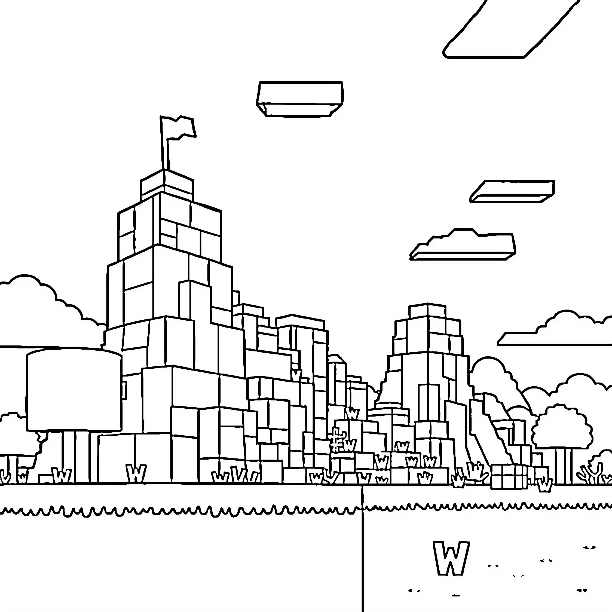 Minecraft cityscape with buildings and skyscrapers Coloring Page (free black-and-white line drawing printable PDF for all, from beginners to advanced learners, including children, teens, adults, and seniors)