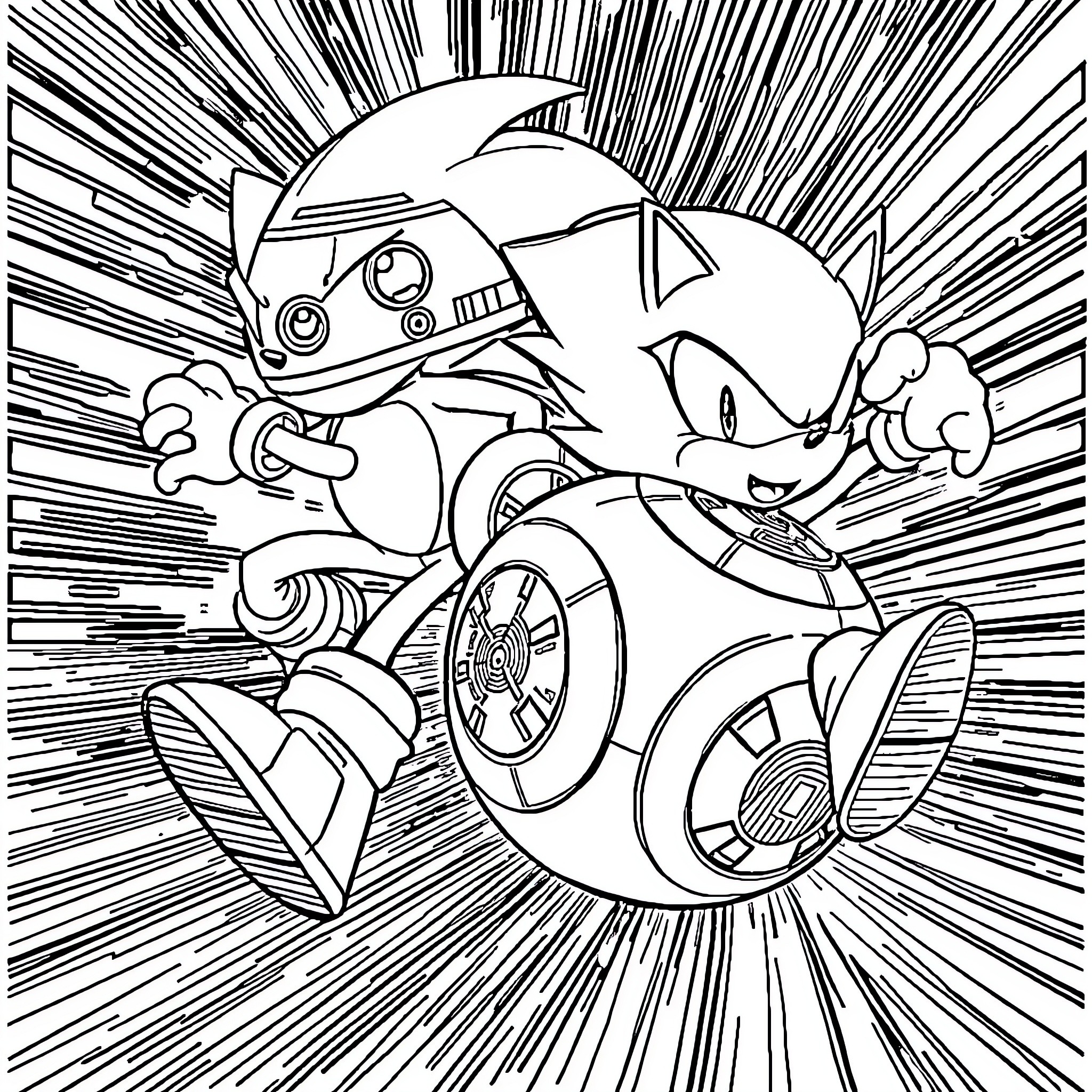 Bb8 racing at high speed with Sonic the Hedgehog Coloring Page (free black-and-white line drawing printable PDF for all, from beginners to advanced learners, including children, teens, adults, and seniors)