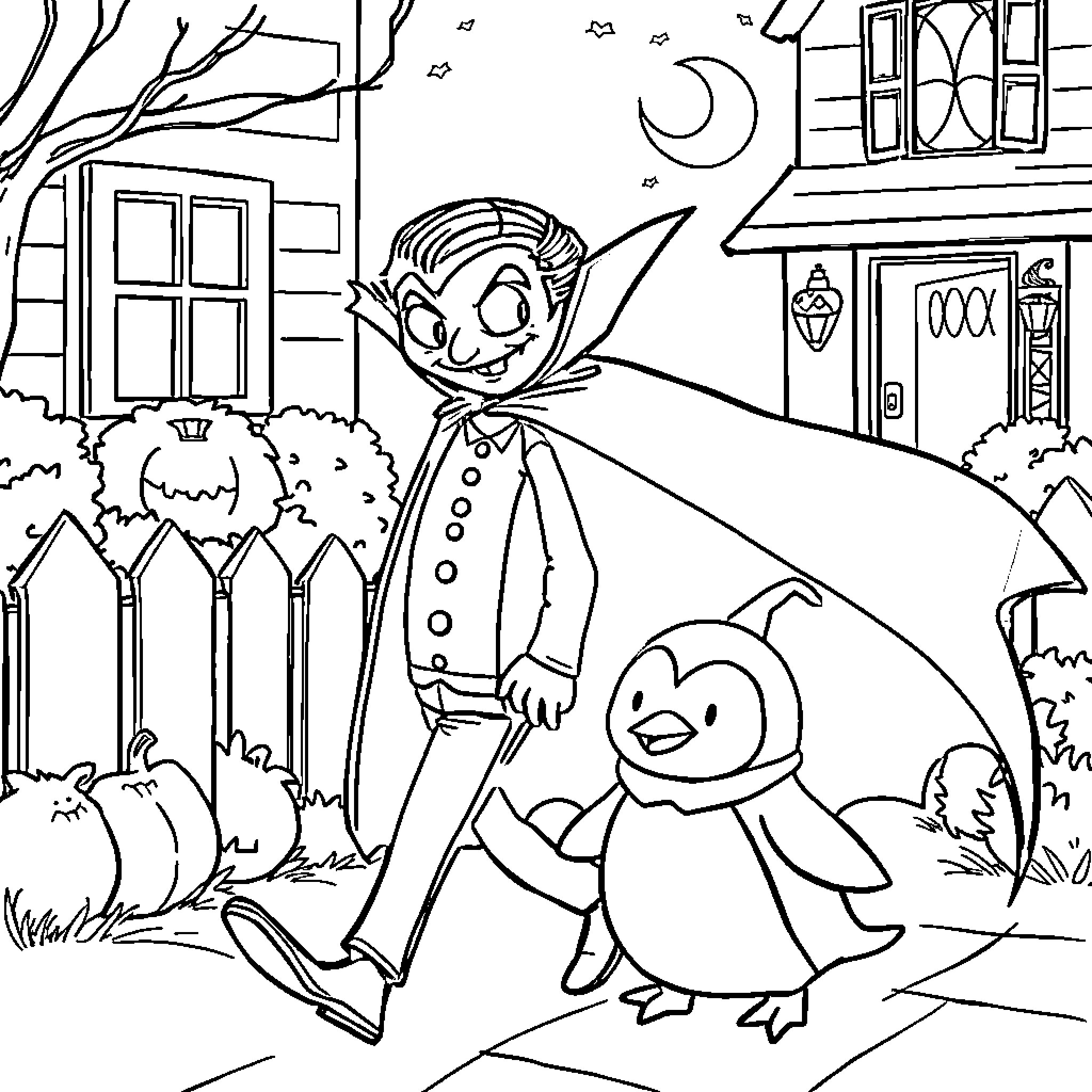 Dracula and his penguin companion explore the neighborhood Coloring Page (free black-and-white line drawing printable PDF for all, from beginners to advanced learners, including children, teens, adults, and seniors)