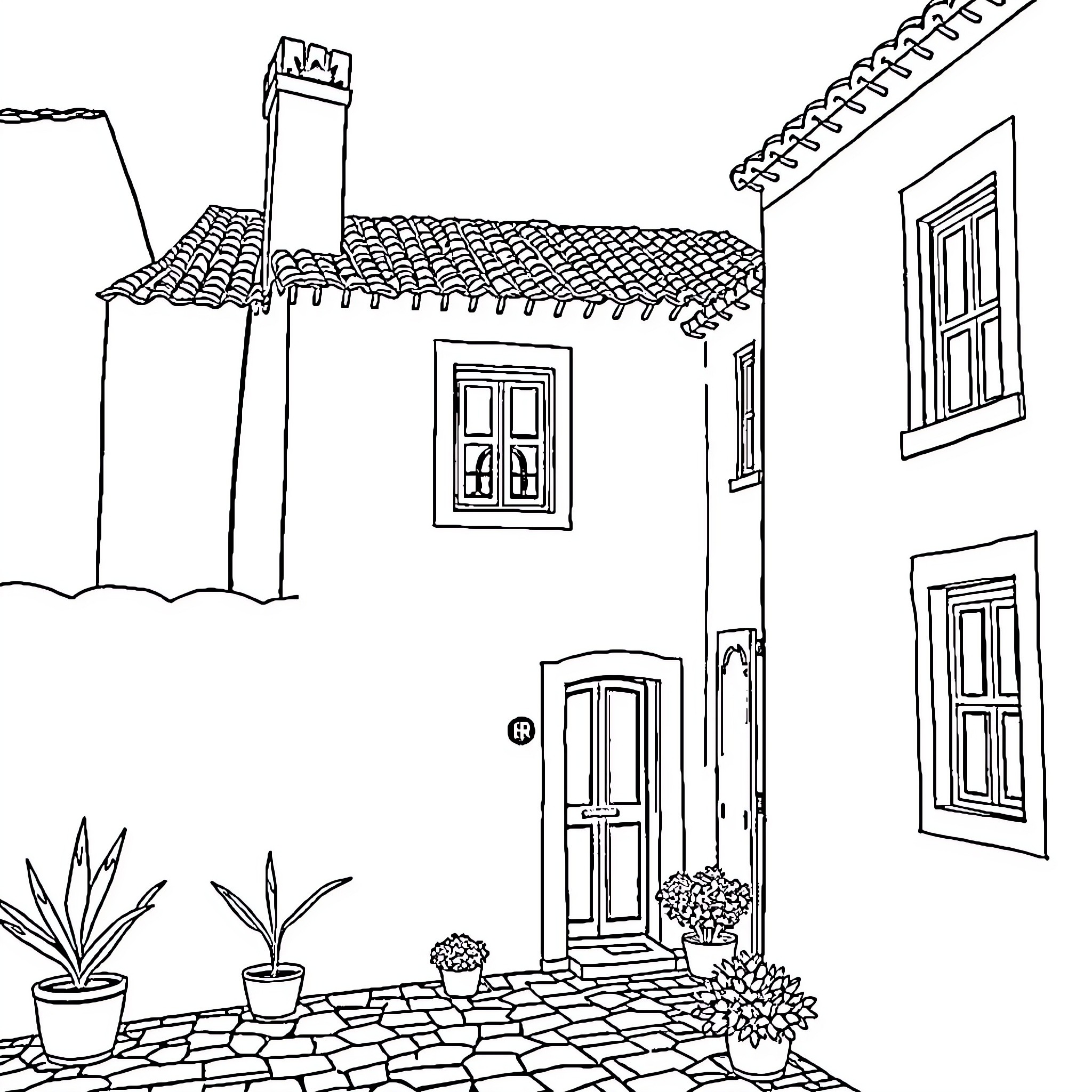 House with tiled roofs and potted plants Coloring Page (free black-and-white line drawing printable PDF for all, from beginners to advanced learners, including children, teens, adults, and seniors)