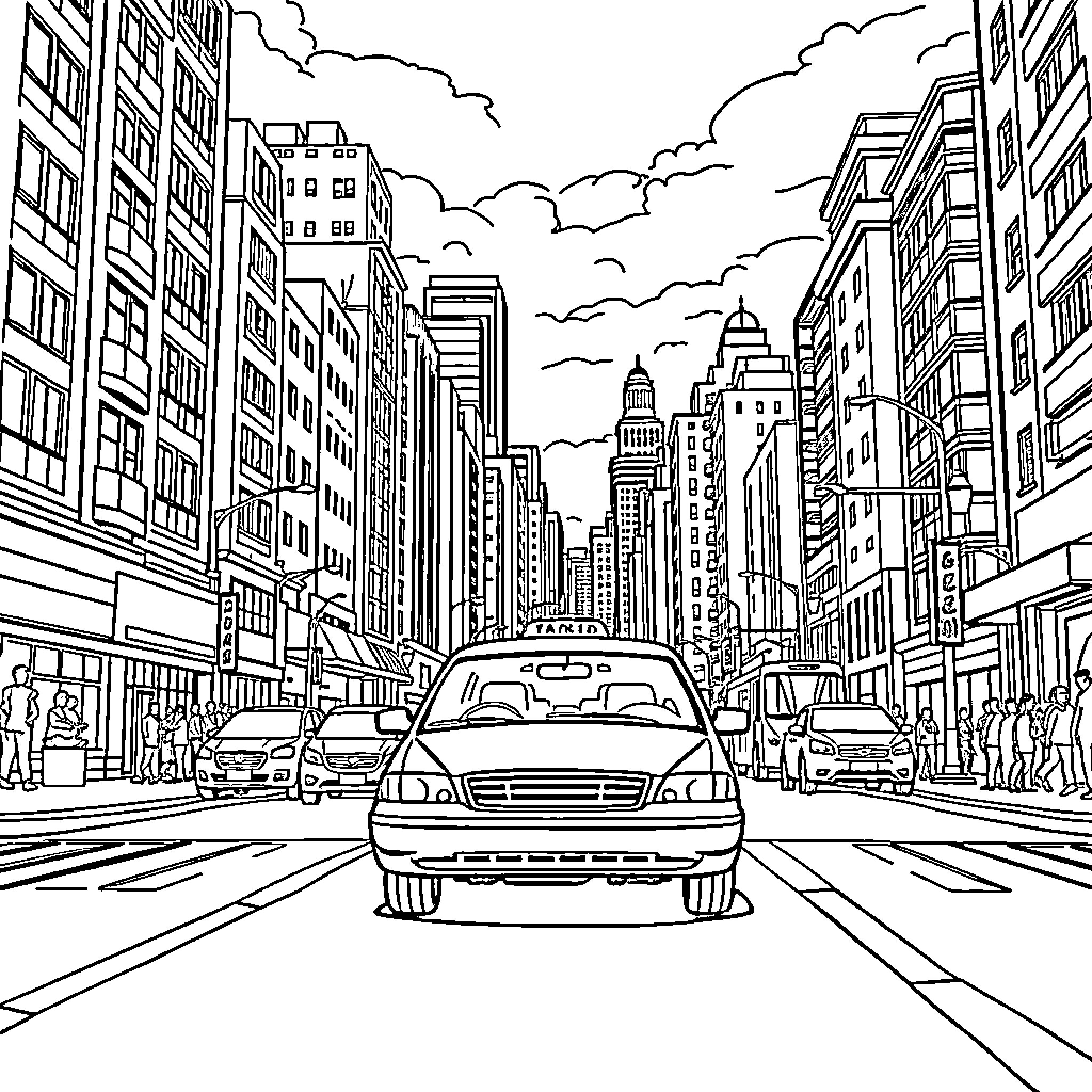 Taxi driving through bustling city streets Coloring Page (free black-and-white line drawing printable PDF for all, from beginners to advanced learners, including children, teens, adults, and seniors)
