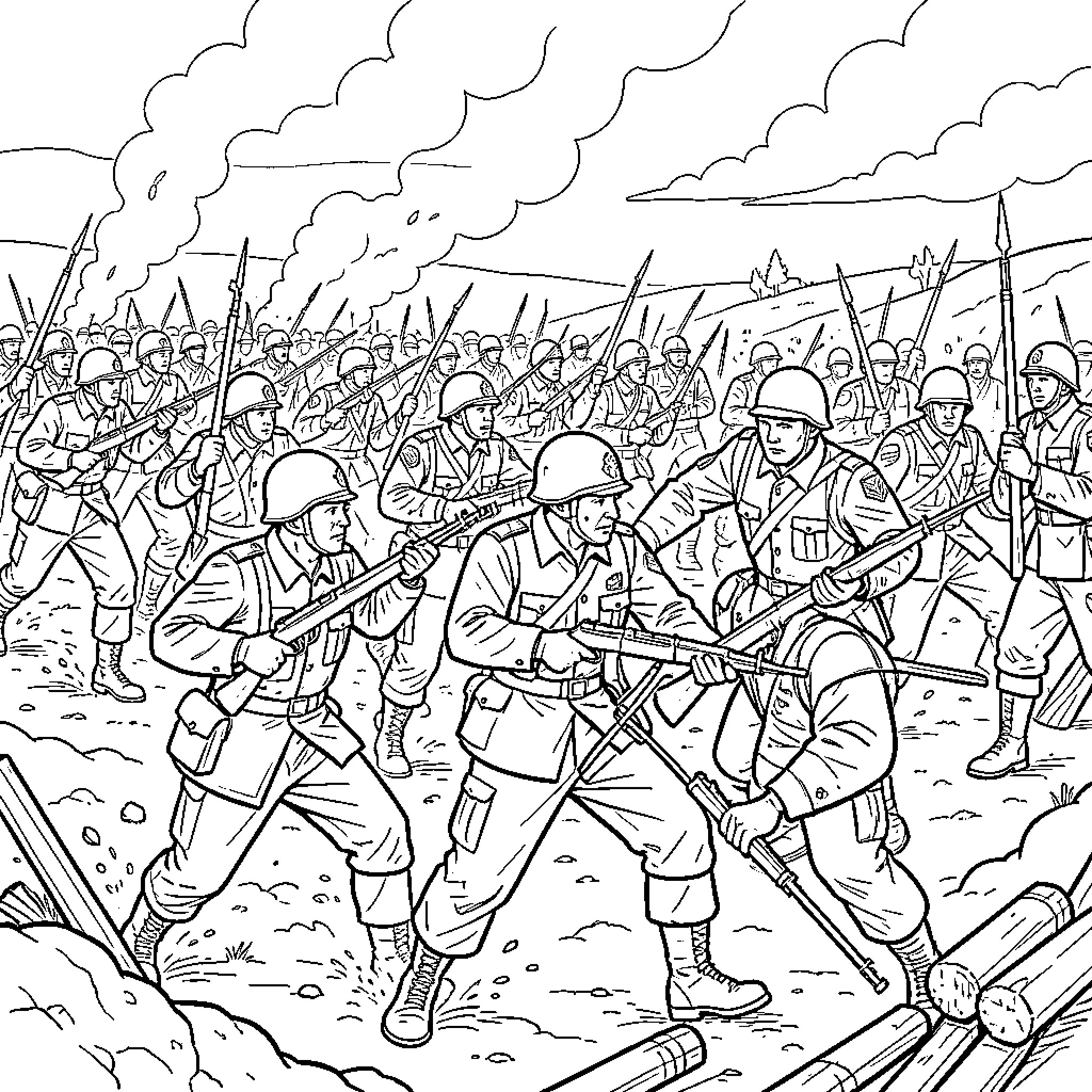 Military soldiers charging forward with rifles in battle Coloring Page (free black-and-white line drawing printable PDF for all, from beginners to advanced learners, including children, teens, adults, and seniors)