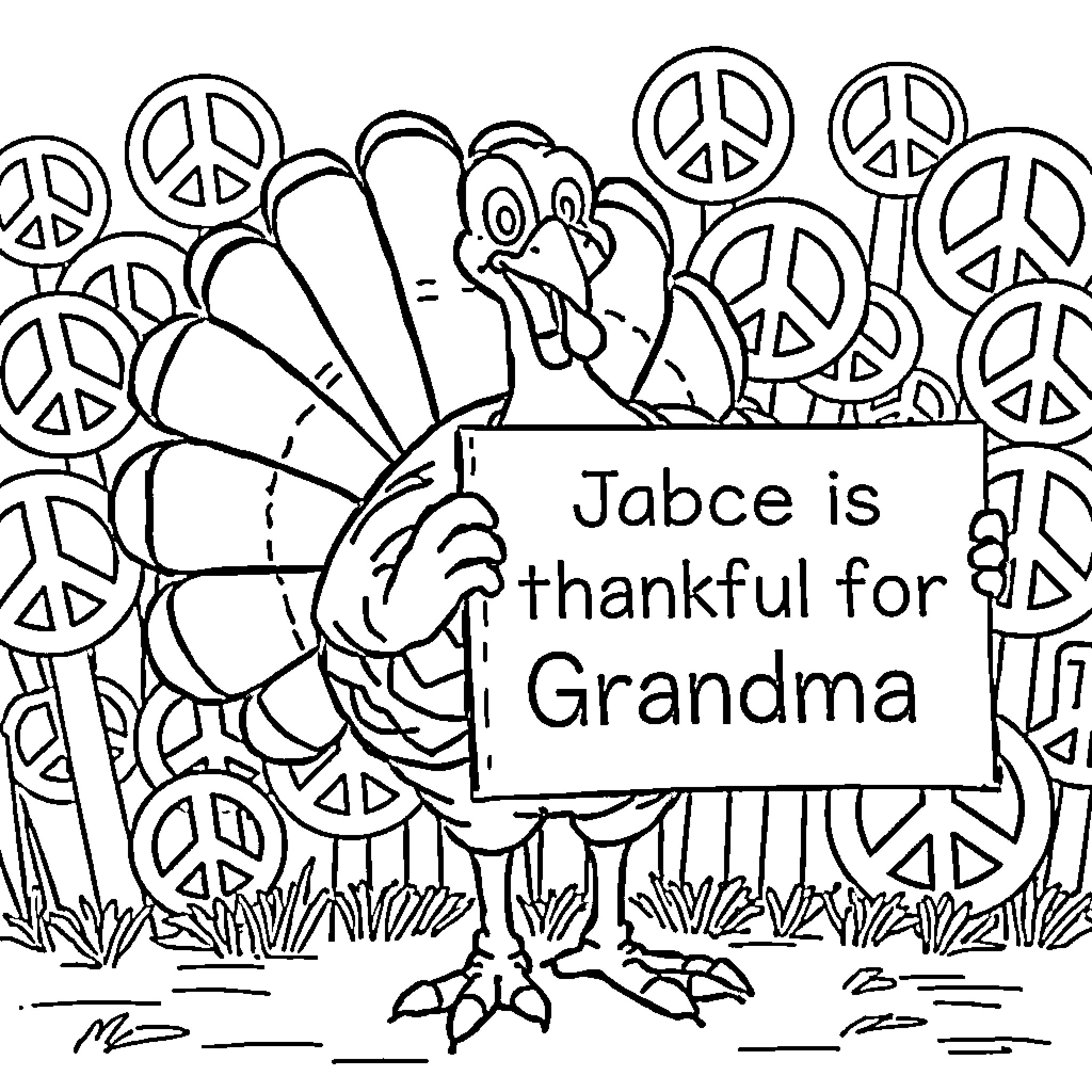 Turkey expressing thankfulness with peace signs Coloring Page (free black-and-white line drawing printable PDF for all, from beginners to advanced learners, including children, teens, adults, and seniors)