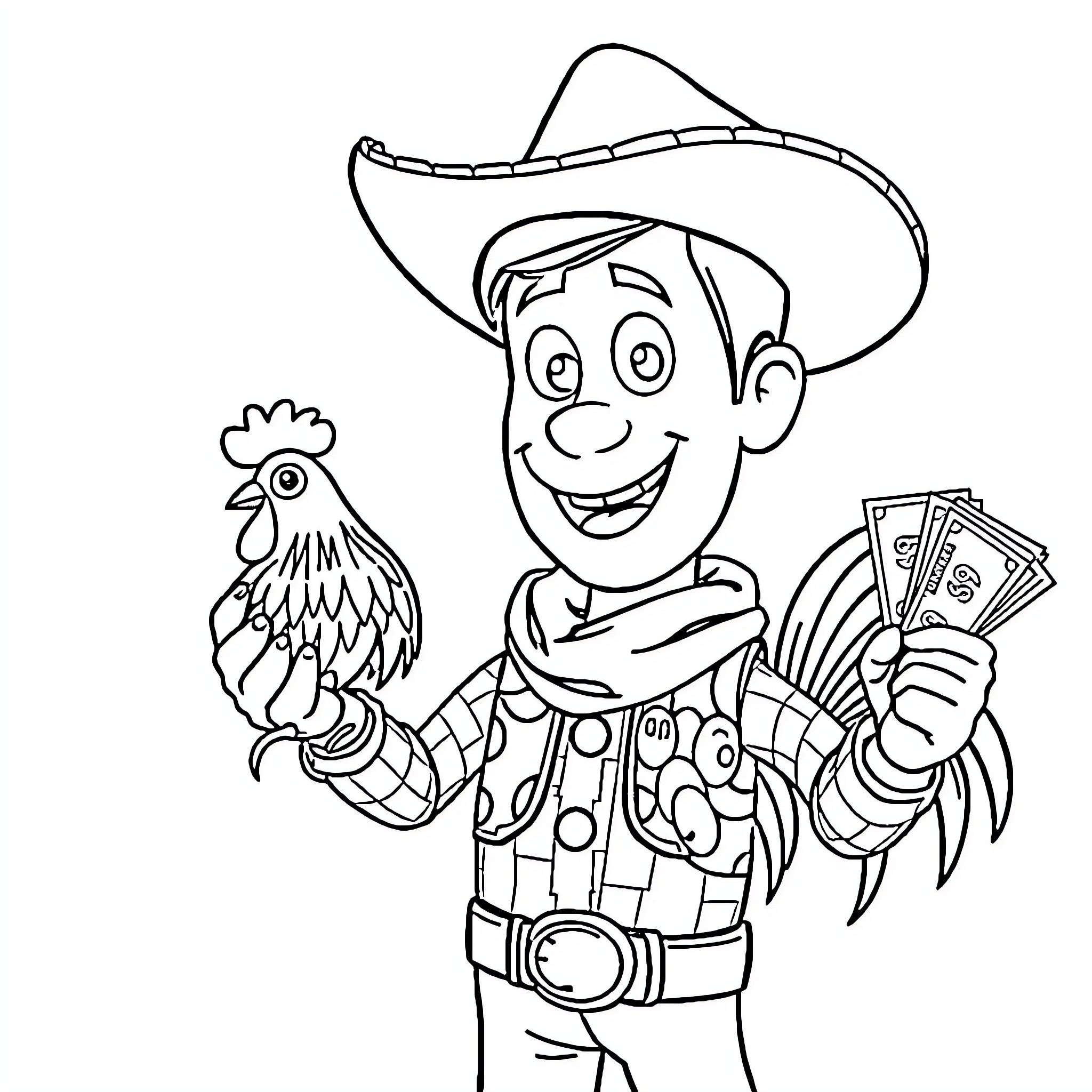 Woody the cowboy playing with a rooster and money Coloring Page (free black-and-white line drawing printable PDF for all, from beginners to advanced learners, including children, teens, adults, and seniors)