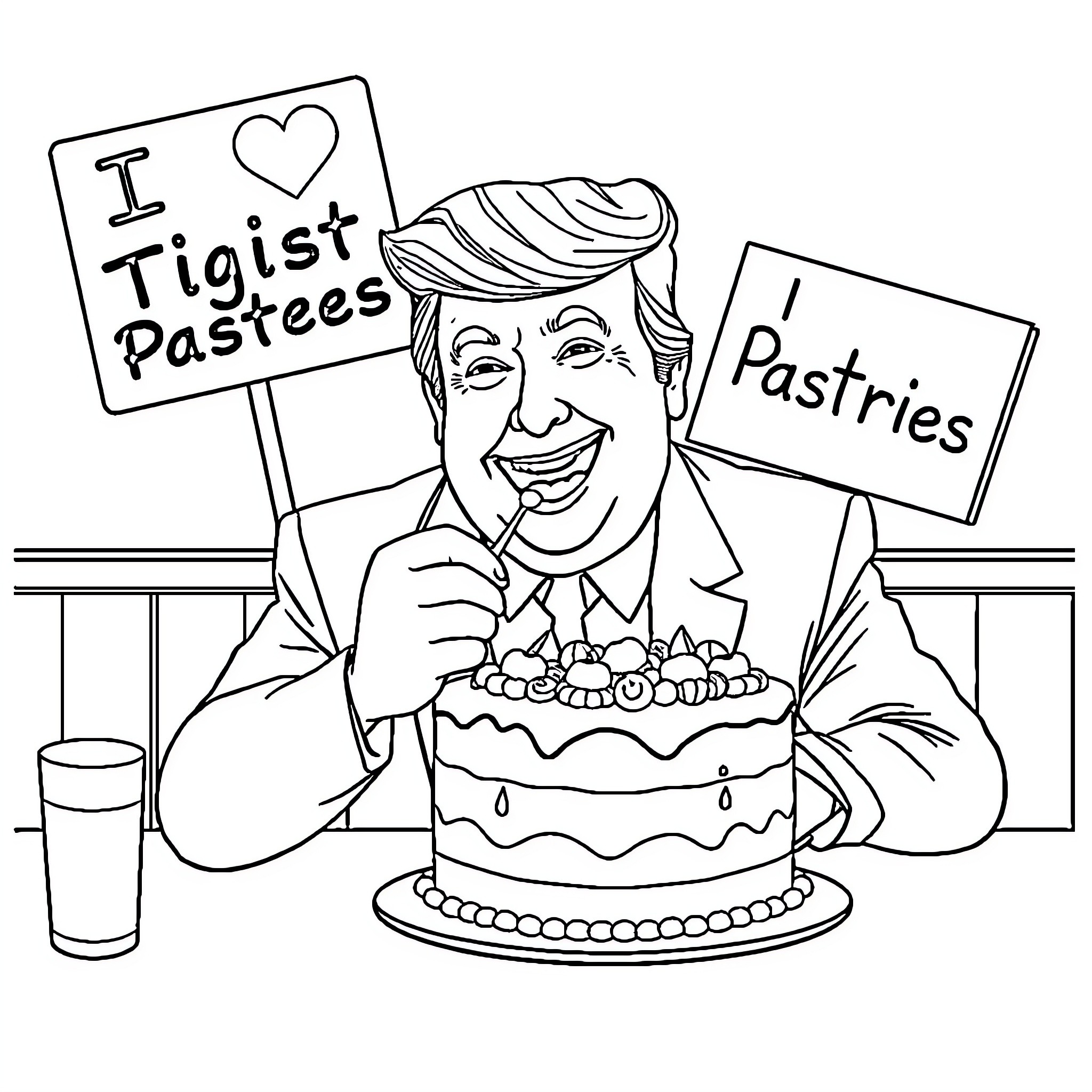 Donald Trump Enjoying Pastries and Endorsing Them Coloring Page (free black-and-white line drawing printable PDF for all, from beginners to advanced learners, including children, teens, adults, and seniors)