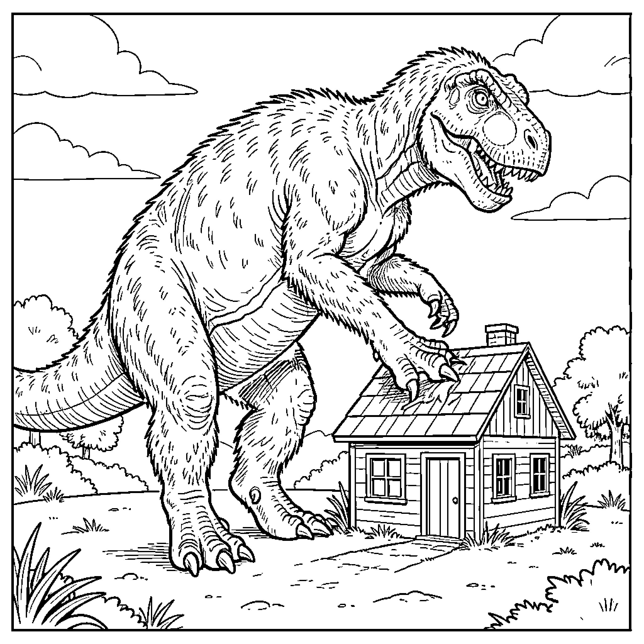 Dinosaur standing next to a small house Coloring Page (free black-and-white line drawing printable PDF for all, from beginners to advanced learners, including children, teens, adults, and seniors)