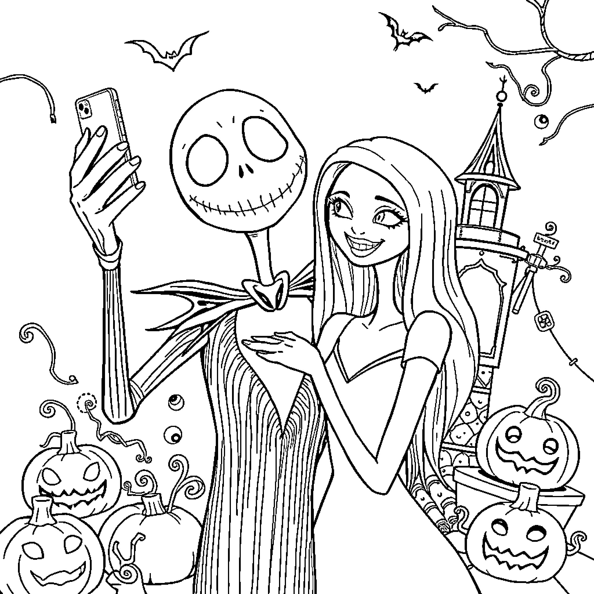 Jack Skellington and Sally take a selfie in a Halloween scene Coloring Page (free black-and-white line drawing printable PDF for all, from beginners to advanced learners, including children, teens, adults, and seniors)