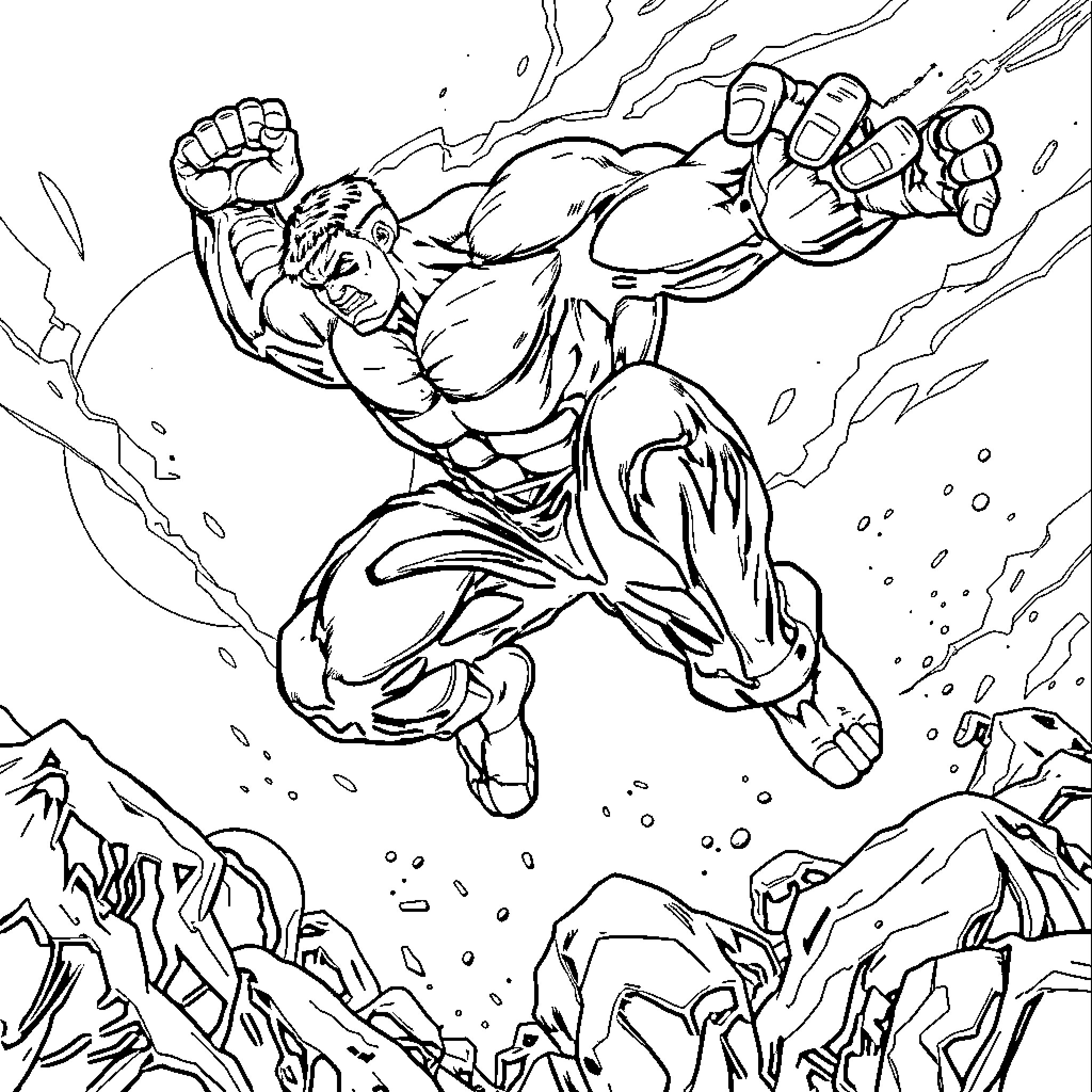 Hulk smashing through the rocky terrain Coloring Page (free black-and-white line drawing printable PDF for all, from beginners to advanced learners, including children, teens, adults, and seniors)