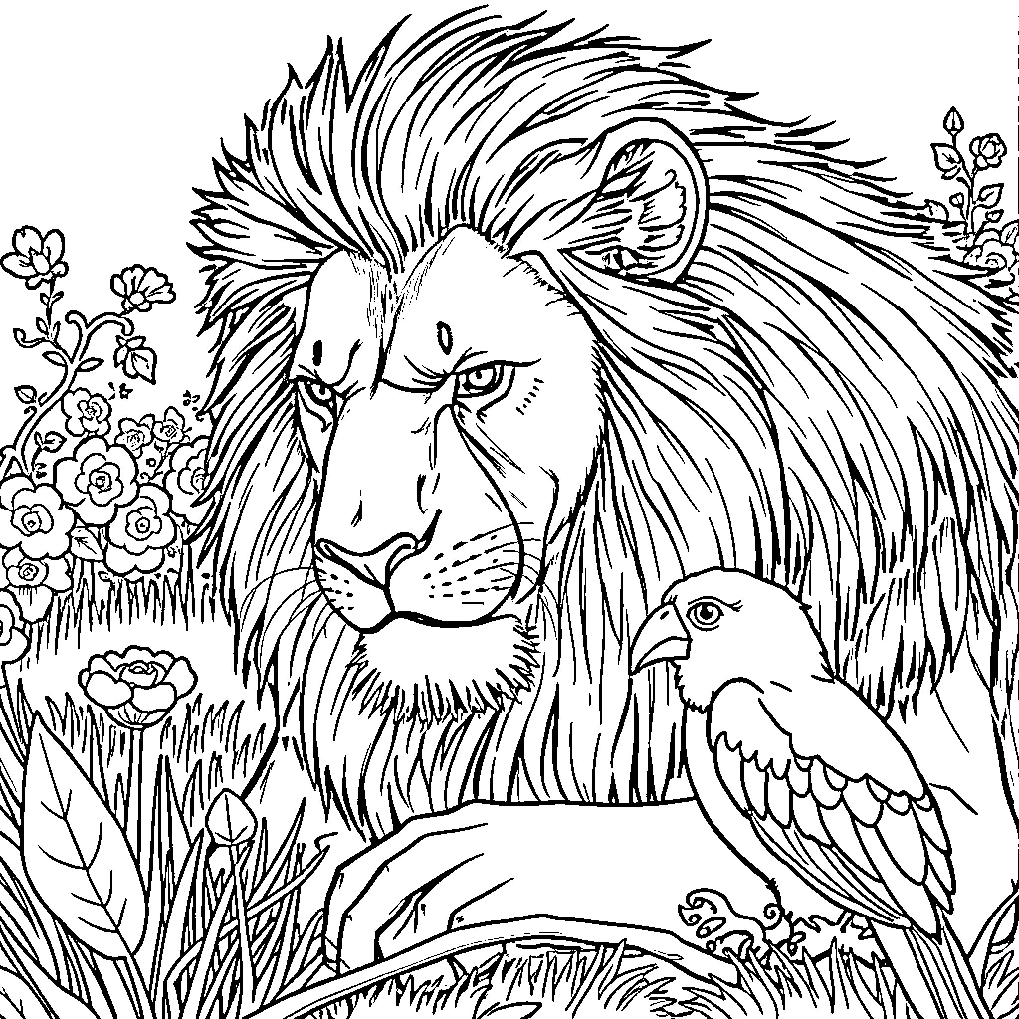 Leone's Regal Presence in a Lush, Floral Sanctuary Coloring Page (free black-and-white line drawing printable PDF for all, from beginners to advanced learners, including children, teens, adults, and seniors)