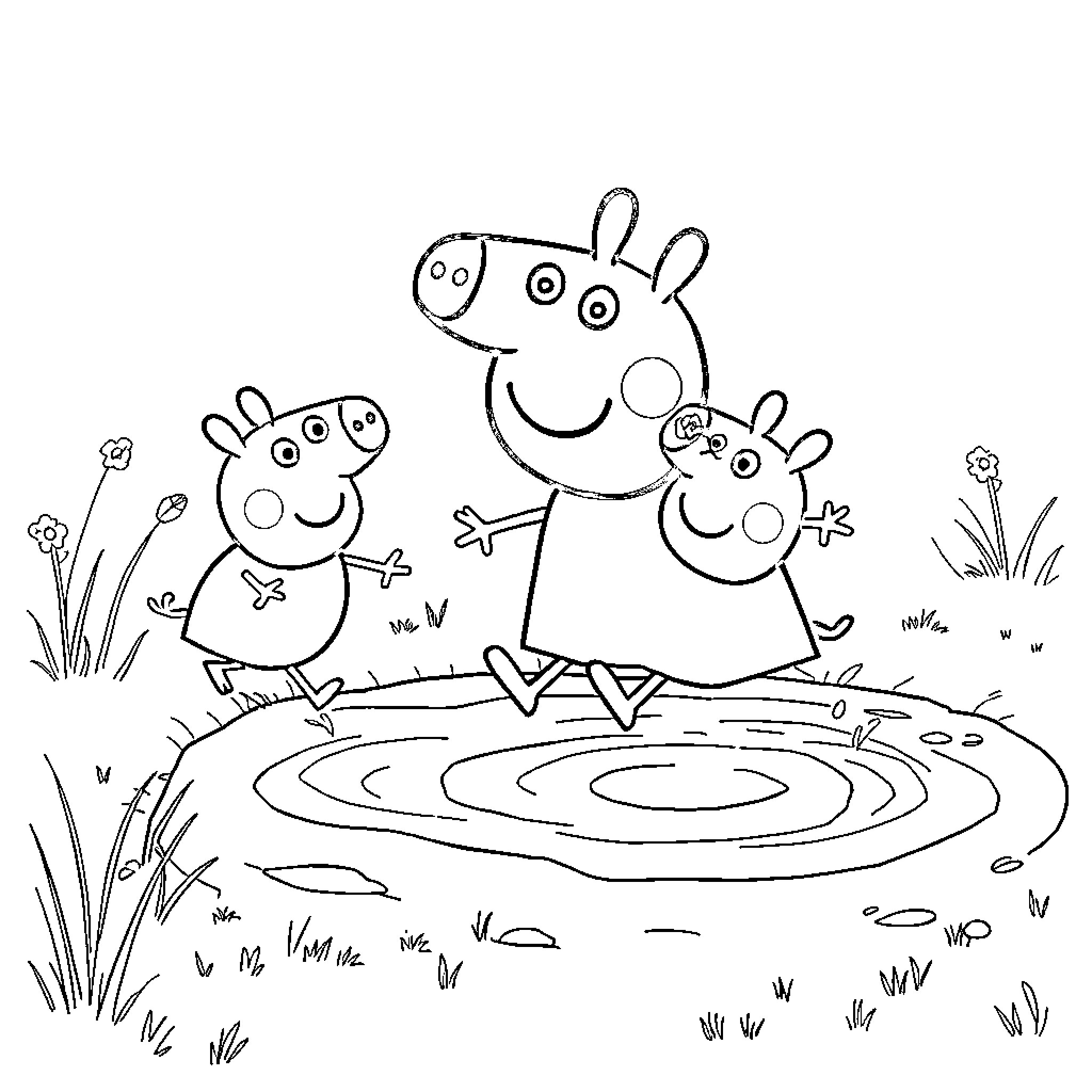 Peppa Pig's family playing by the pond Coloring Page (free black-and-white line drawing printable PDF for all, from beginners to advanced learners, including children, teens, adults, and seniors)