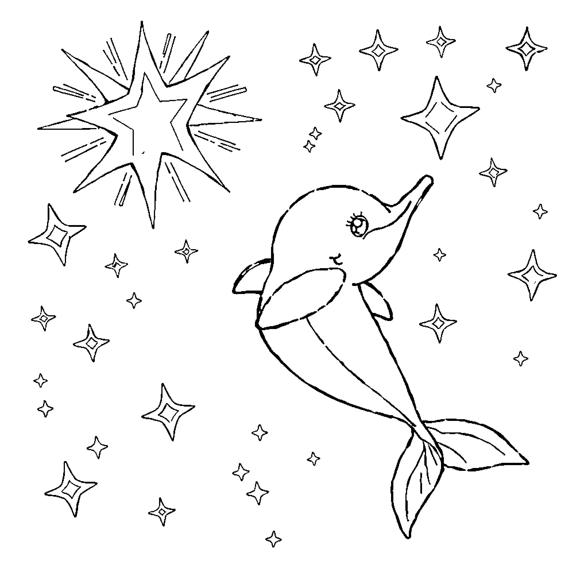 Dolphin swimming amidst sparkling stars Coloring Page (free black-and-white line drawing printable PDF for all, from beginners to advanced learners, including children, teens, adults, and seniors)
