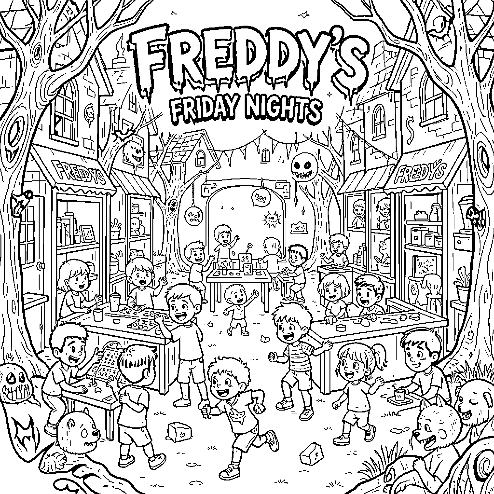 Friday Night at Freddy's with children celebrating in a town Coloring Page (free black-and-white line drawing printable PDF for all, from beginners to advanced learners, including children, teens, adults, and seniors)