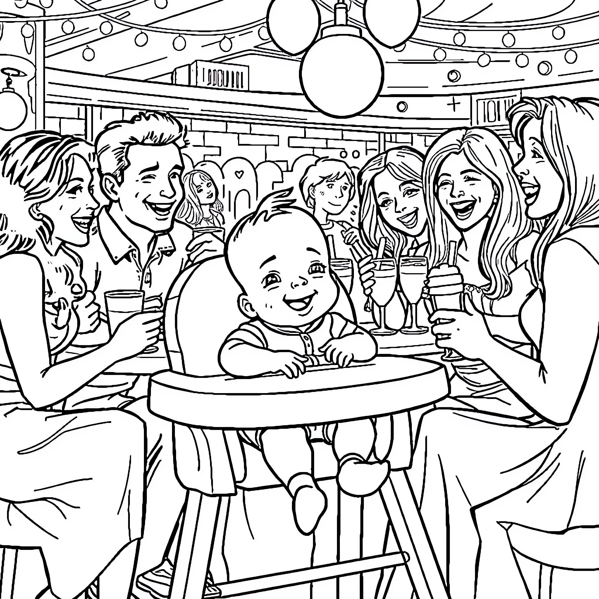 Baby's First Birthday Party with Family and Friends Coloring Page (free black-and-white line drawing printable PDF for all, from beginners to advanced learners, including children, teens, adults, and seniors)