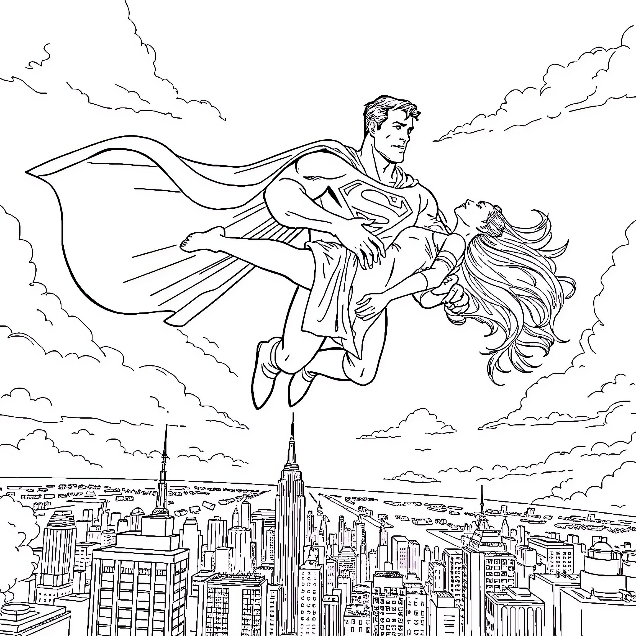 Superman soaring over the city, rescuing a damsel in distress Coloring Page (free black-and-white line drawing printable PDF for all, from beginners to advanced learners, including children, teens, adults, and seniors)