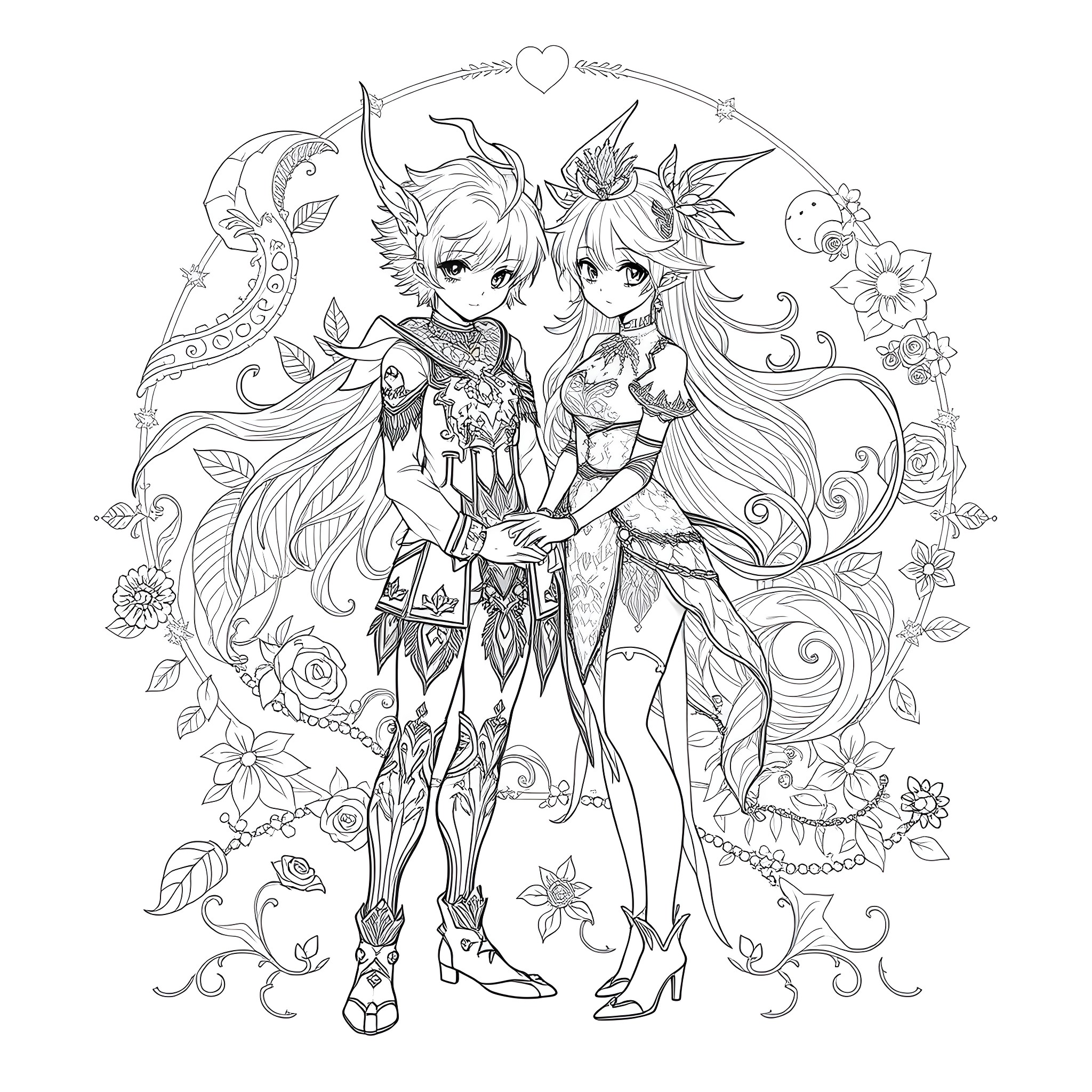 Fern Fairy Companions Embrace in Floral Enclosure Coloring Page (free black-and-white line drawing printable PDF for all, from beginners to advanced learners, including children, teens, adults, and seniors)