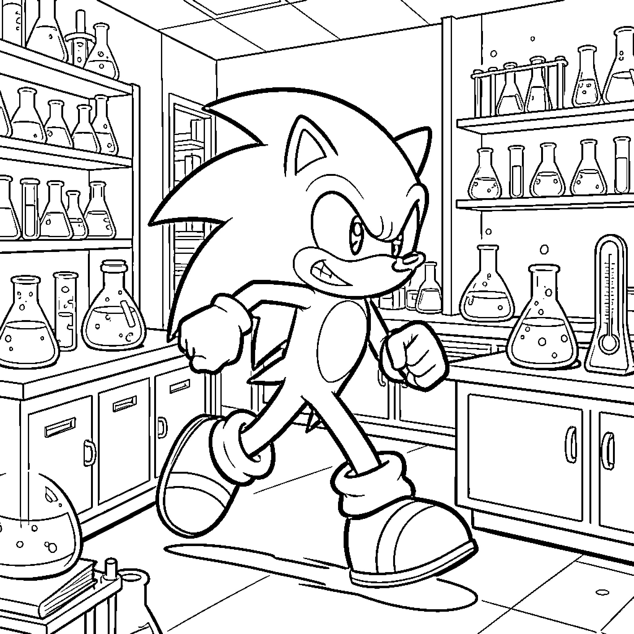 Sonic walking determinedly through a scientific laboratory Coloring Page (free black-and-white line drawing printable PDF for all, from beginners to advanced learners, including children, teens, adults, and seniors)