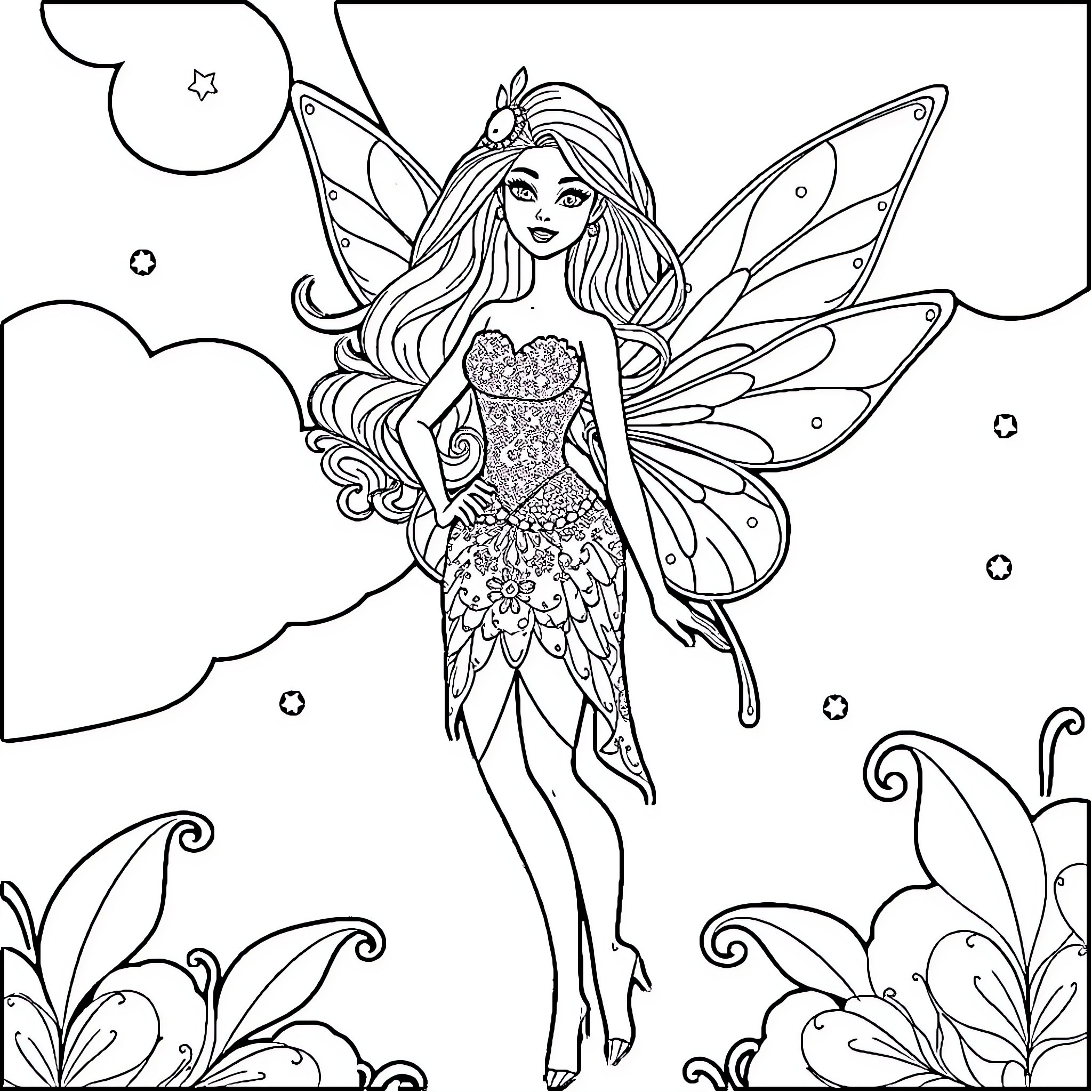 Barbie fairy with flowing hair and ornate dress Coloring Page (free black-and-white line drawing printable PDF for all, from beginners to advanced learners, including children, teens, adults, and seniors)
