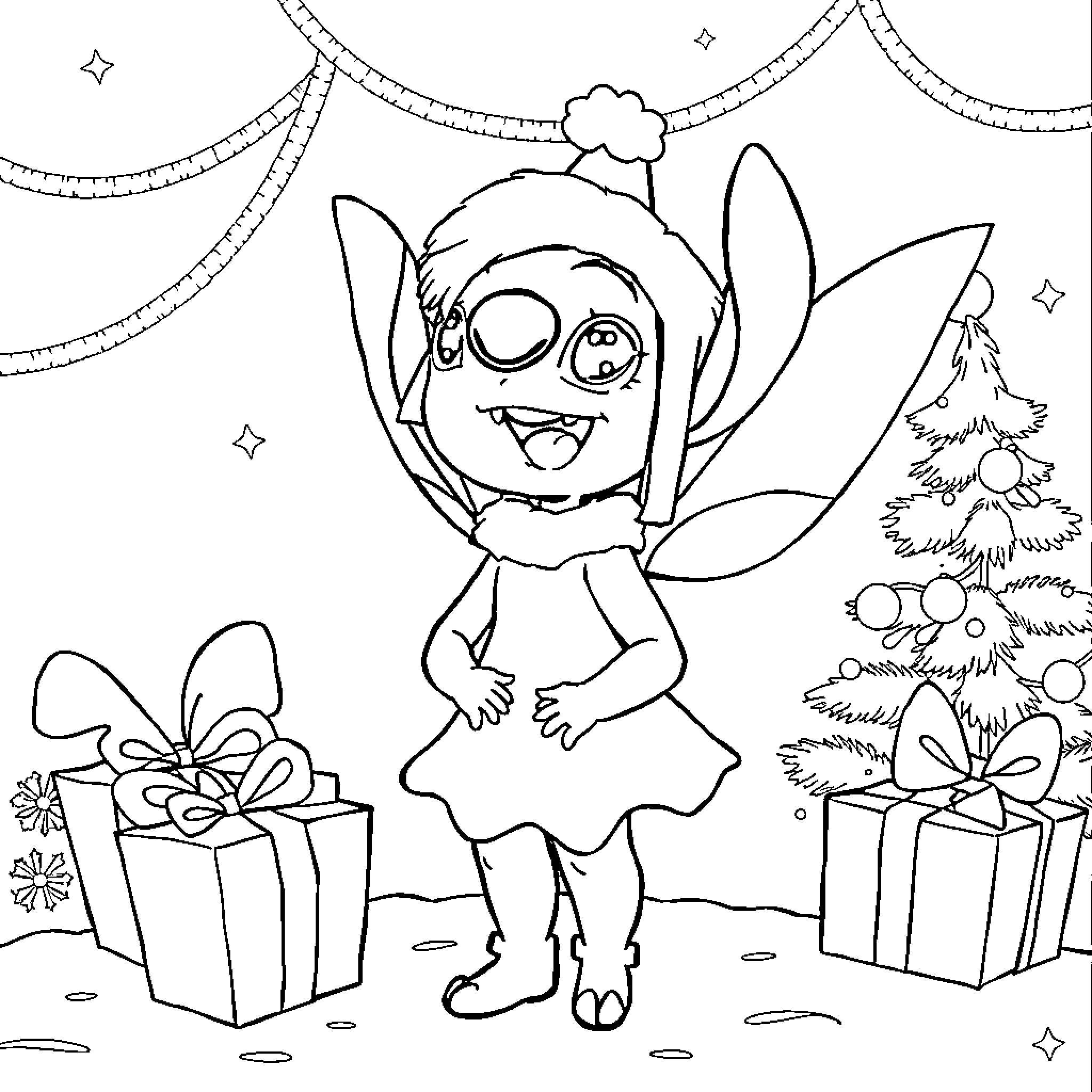 Tinkerbell's Christmas Joy Coloring Page (free black-and-white line drawing printable PDF for all, from beginners to advanced learners, including children, teens, adults, and seniors)