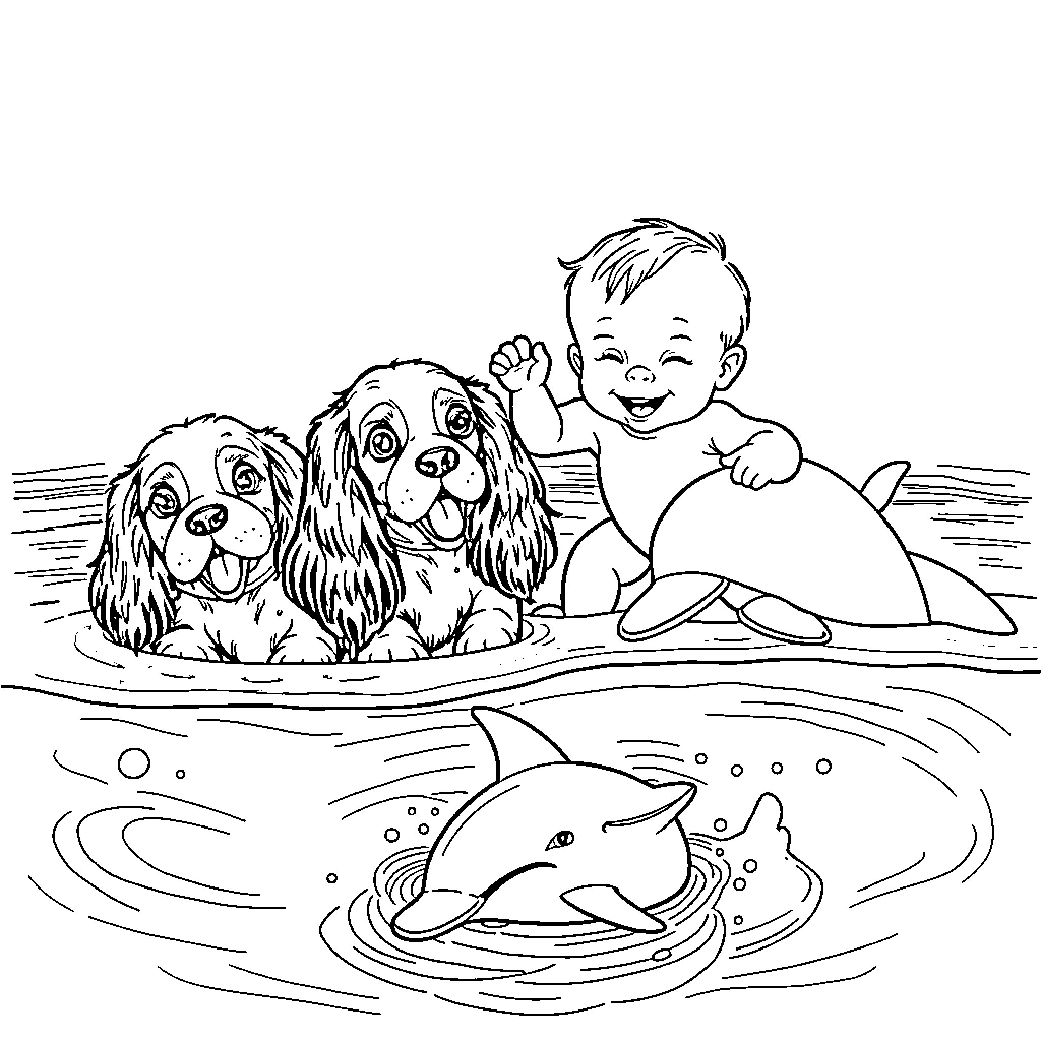 Baby playing happily with dogs in the water Coloring Page (free black-and-white line drawing printable PDF for all, from beginners to advanced learners, including children, teens, adults, and seniors)