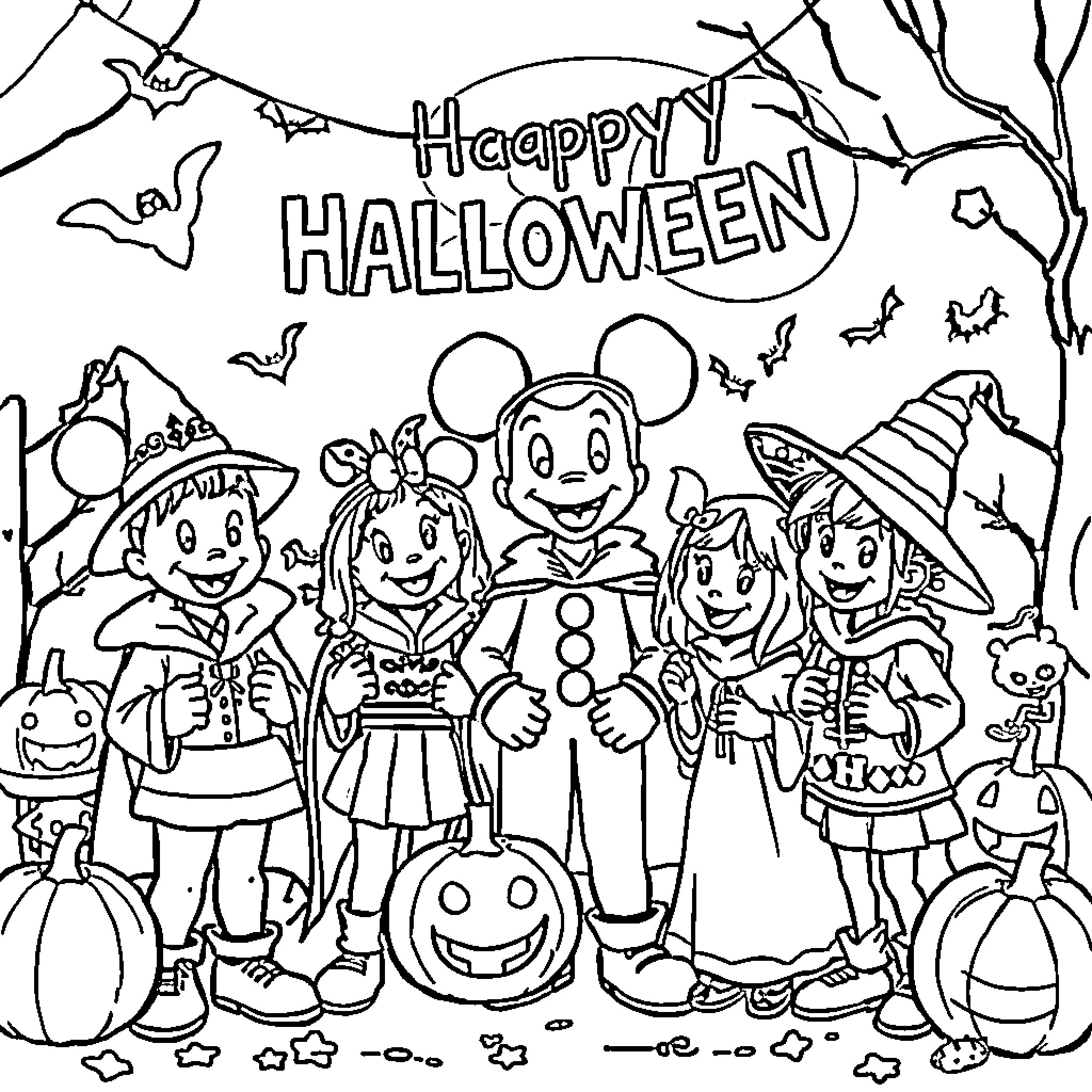 Disney Halloween characters in festive costumes Coloring Page (free black-and-white line drawing printable PDF for all, from beginners to advanced learners, including children, teens, adults, and seniors)