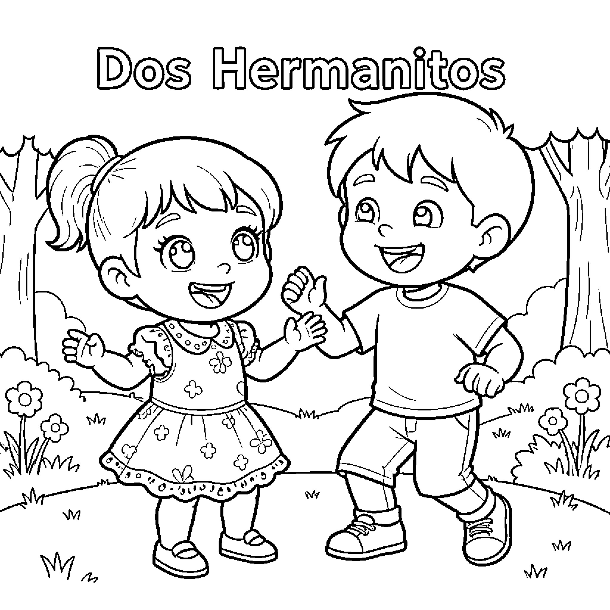 Hermanitos enjoying the outdoors together Coloring Page (free black-and-white line drawing printable PDF for all, from beginners to advanced learners, including children, teens, adults, and seniors)