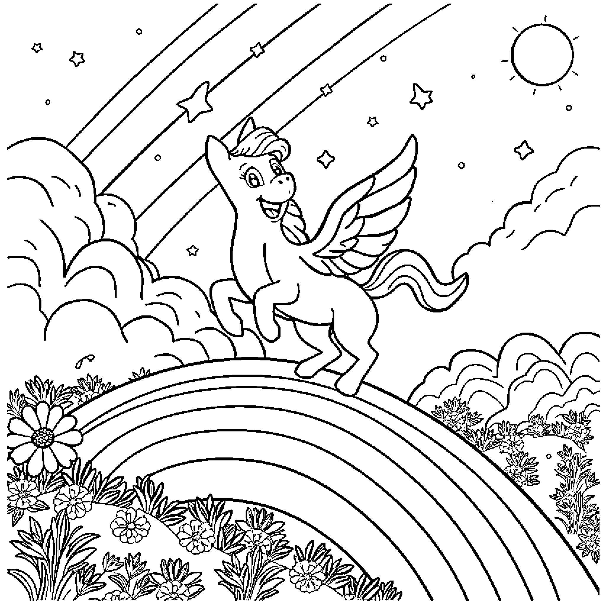 Huntrix Unicorn Exploring the Enchanted Meadow Coloring Page (free black-and-white line drawing printable PDF for all, from beginners to advanced learners, including children, teens, adults, and seniors)