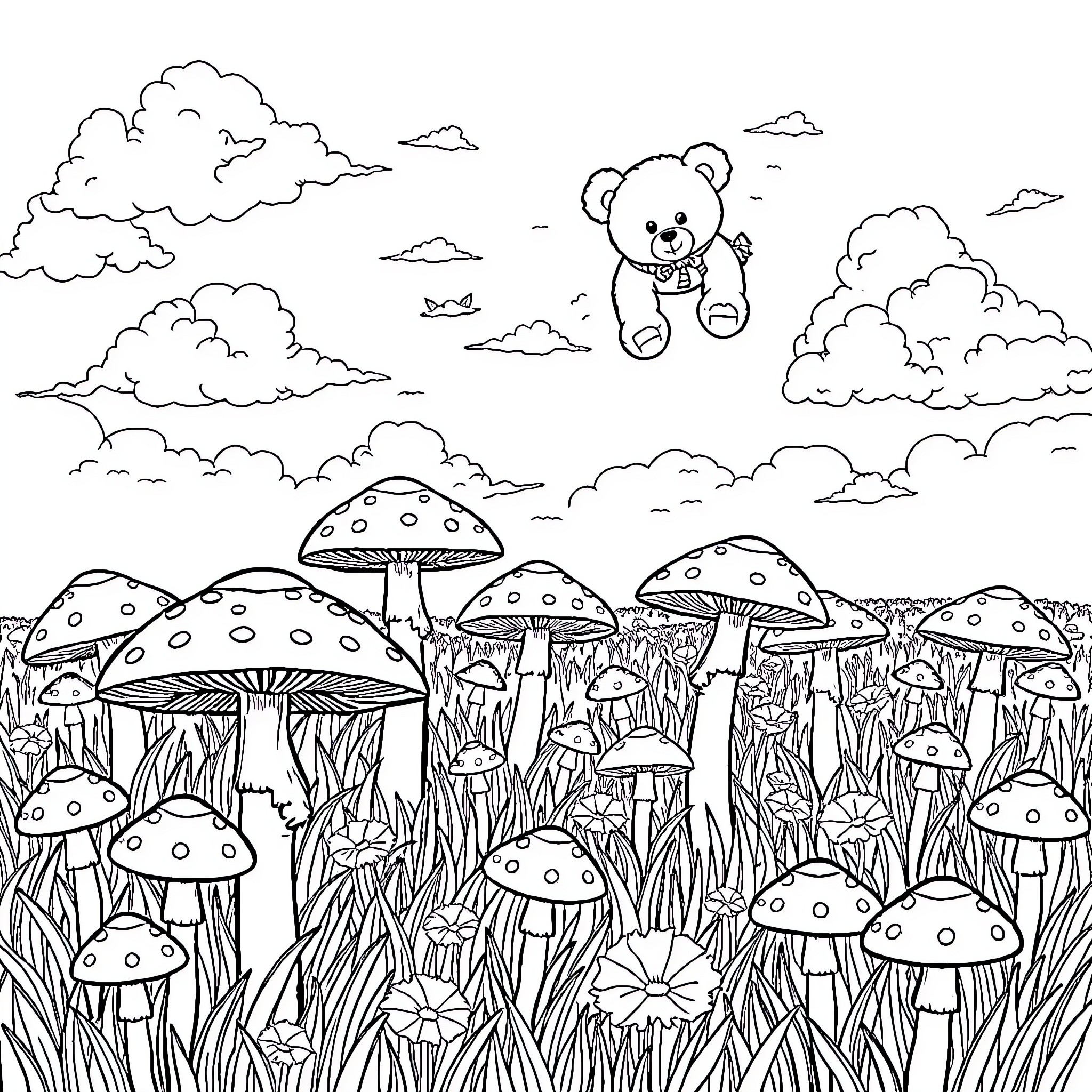 Teddy Bear floating amongst whimsical mushroom field Coloring Page (free black-and-white line drawing printable PDF for all, from beginners to advanced learners, including children, teens, adults, and seniors)