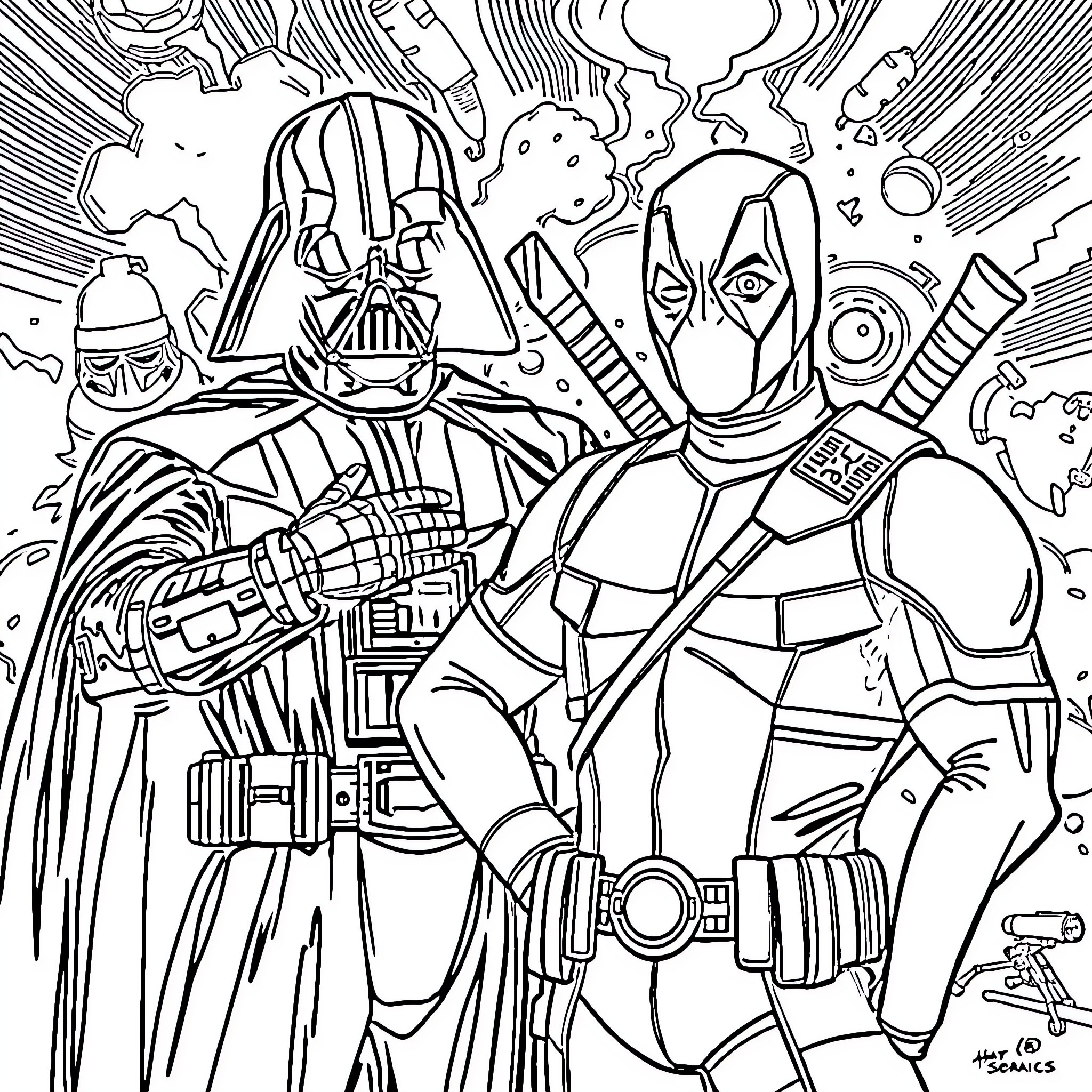 Deadpool faces off against Darth Vader in an epic battle Coloring Page (free black-and-white line drawing printable PDF for all, from beginners to advanced learners, including children, teens, adults, and seniors)