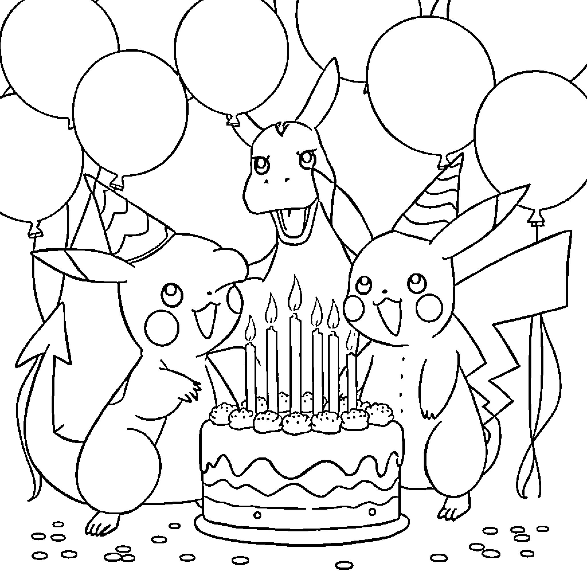 Pikachu Celebrates Birthday with Party Friends Coloring Page (free black-and-white line drawing printable PDF for all, from beginners to advanced learners, including children, teens, adults, and seniors)