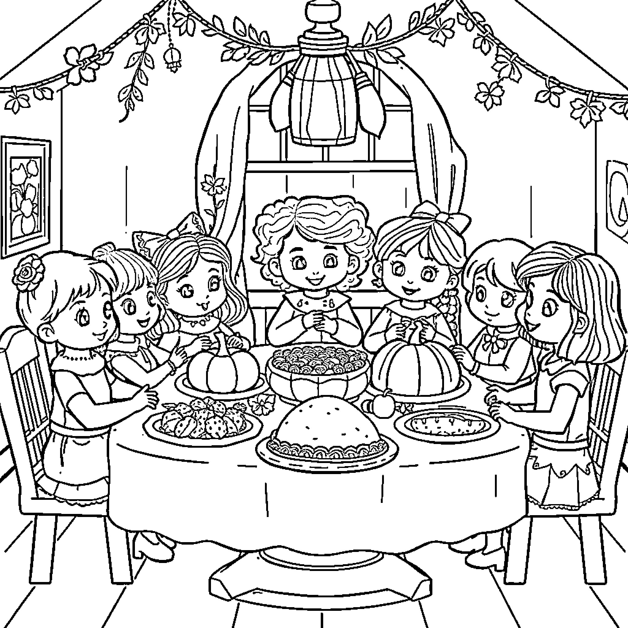 Gabby's Dollhouse: Children Enjoying a Festive Meal Together Coloring Page (free black-and-white line drawing printable PDF for all, from beginners to advanced learners, including children, teens, adults, and seniors)