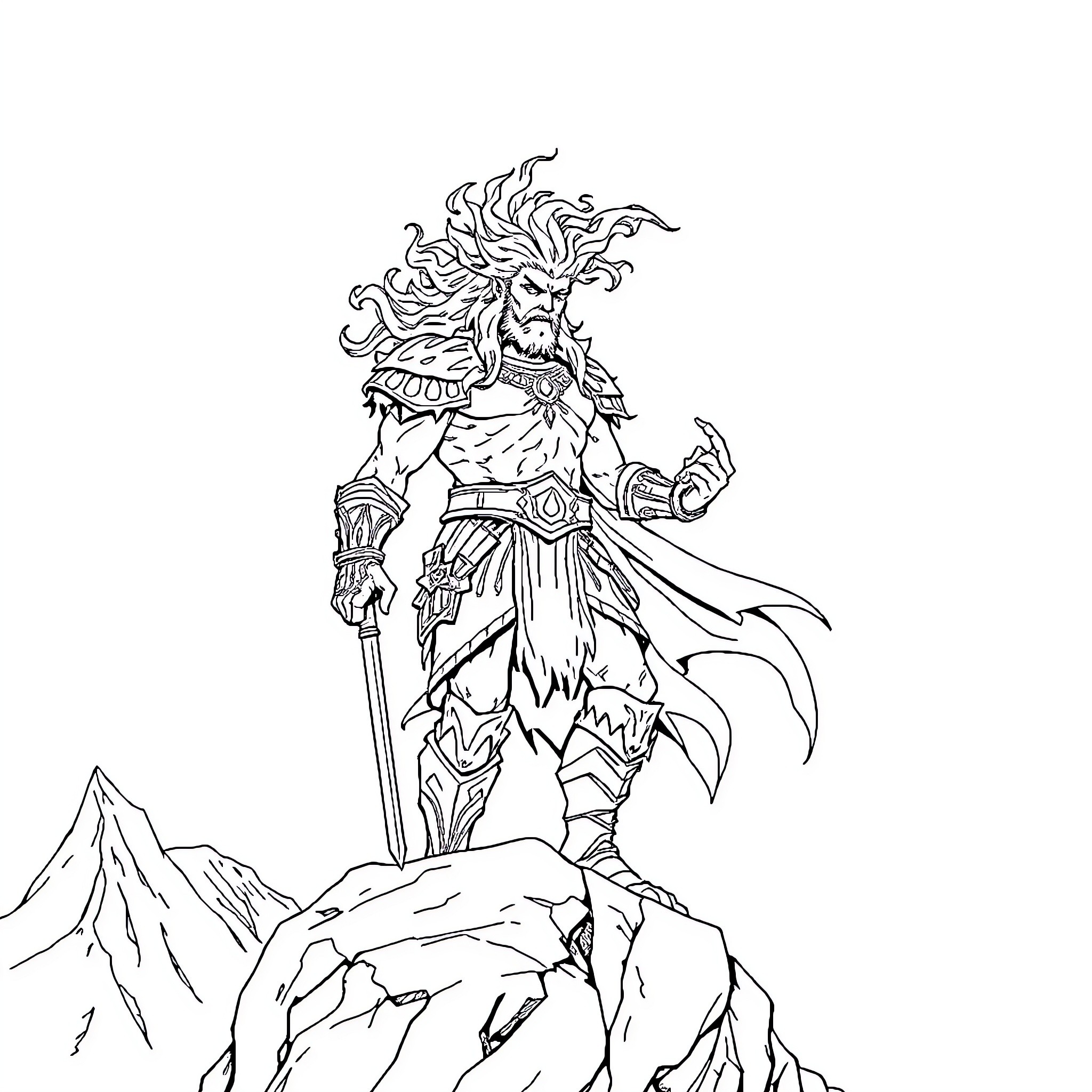 Brenrot's Warrior Stance Atop the Mountainous Terrain Coloring Page (free black-and-white line drawing printable PDF for all, from beginners to advanced learners, including children, teens, adults, and seniors)