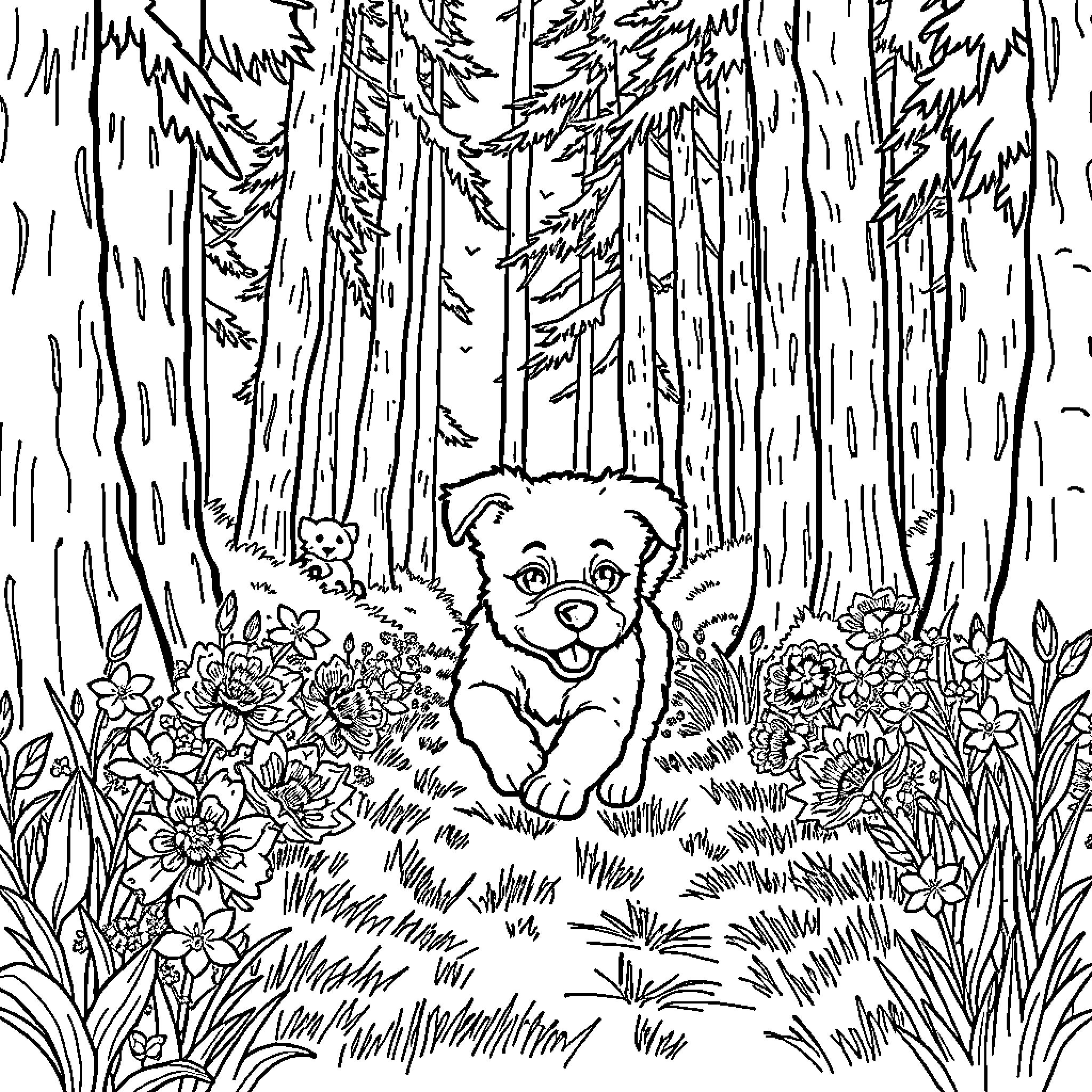 Puppy exploring a lush forest landscape Coloring Page (free black-and-white line drawing printable PDF for all, from beginners to advanced learners, including children, teens, adults, and seniors)