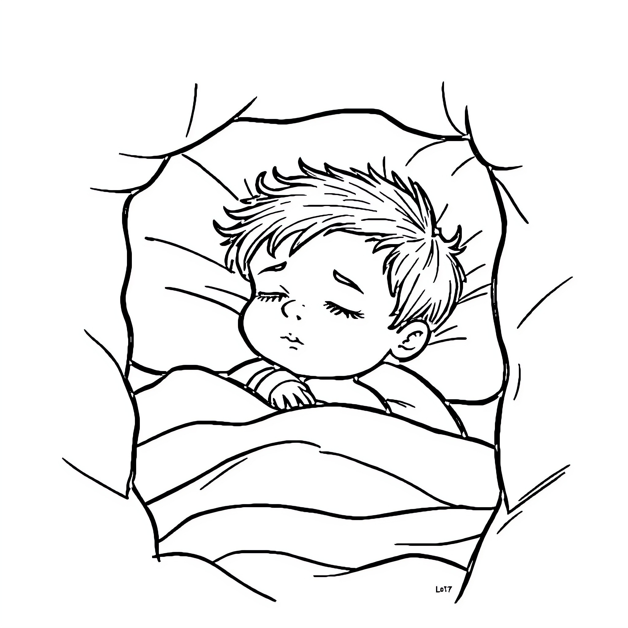 Child sleeping peacefully in bed Coloring Page (free black-and-white line drawing printable PDF for all, from beginners to advanced learners, including children, teens, adults, and seniors)
