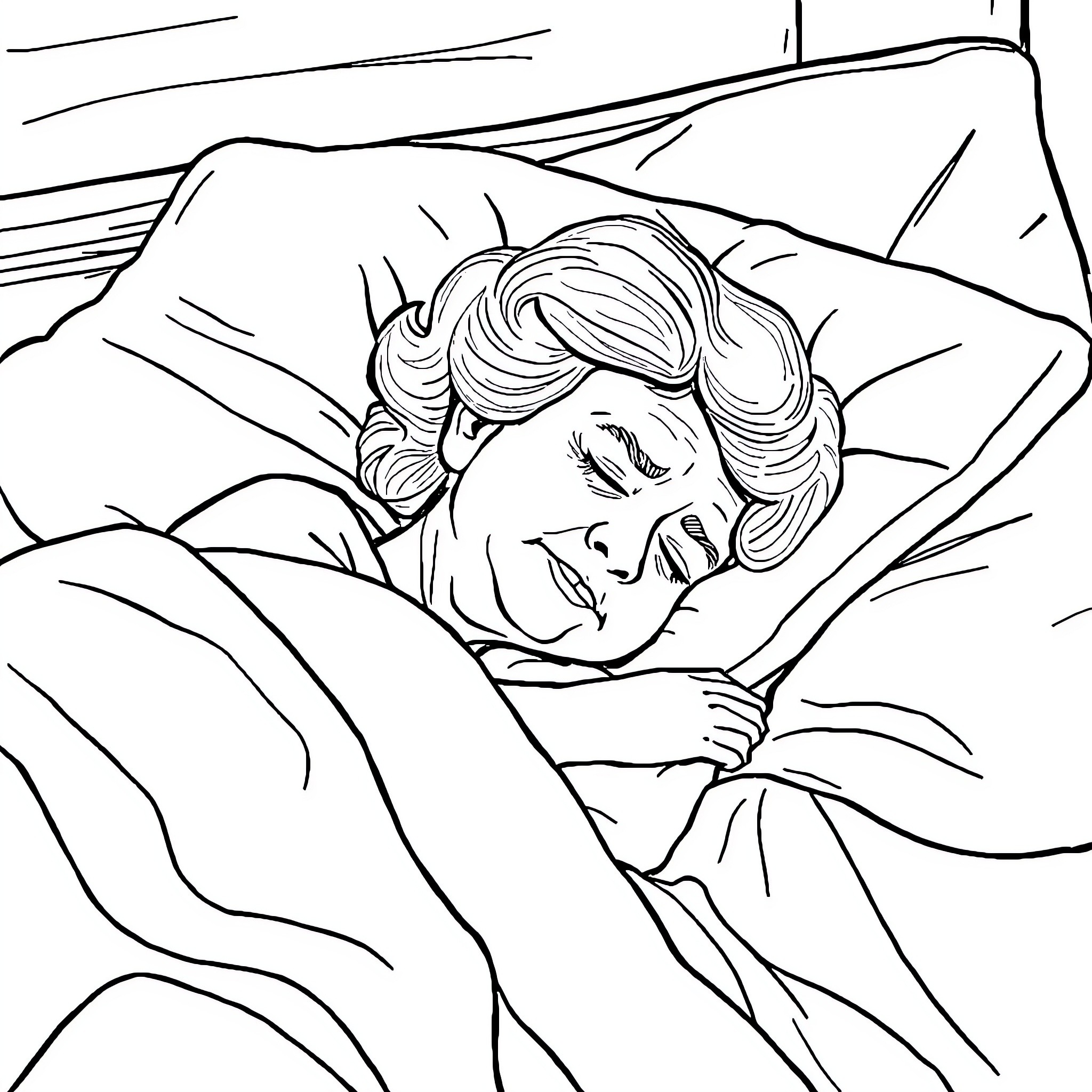 Grandma sleeping peacefully in bed Coloring Page (free black-and-white line drawing printable PDF for all, from beginners to advanced learners, including children, teens, adults, and seniors)