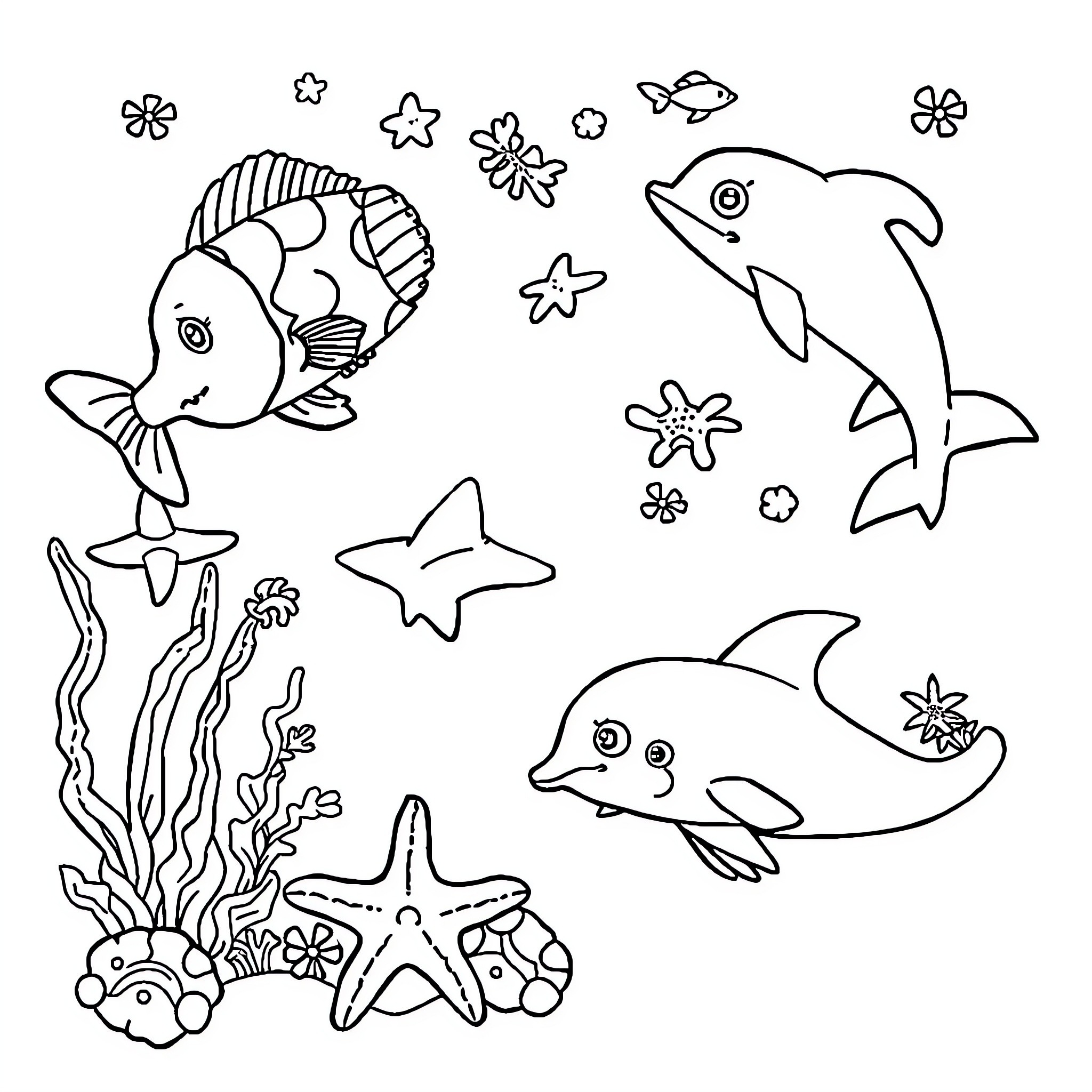 Sea Creatures Playing Happily in the Ocean Coloring Page (free black-and-white line drawing printable PDF for all, from beginners to advanced learners, including children, teens, adults, and seniors)