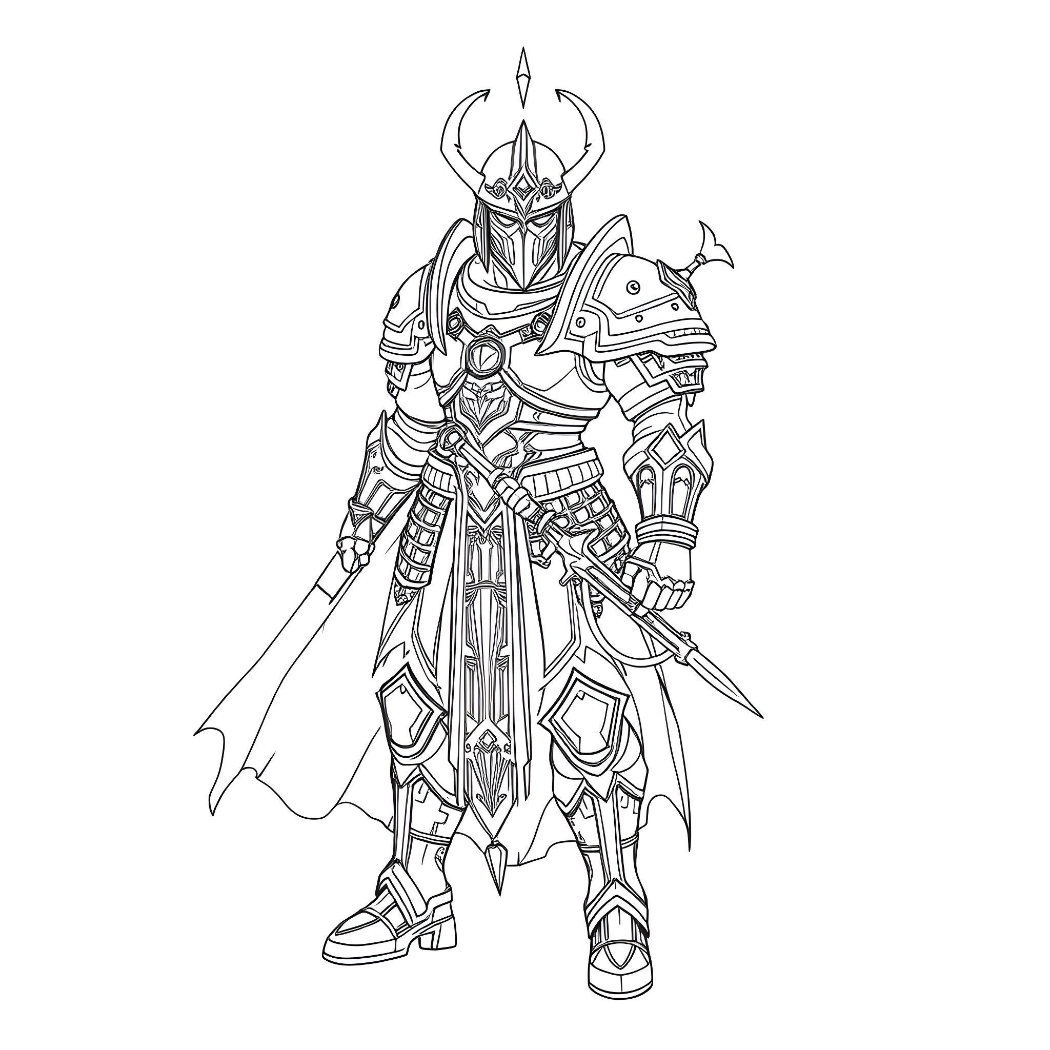 Warrior in Elaborate Armored Attire Coloring Page (free black-and-white line drawing printable PDF for all, from beginners to advanced learners, including children, teens, adults, and seniors)