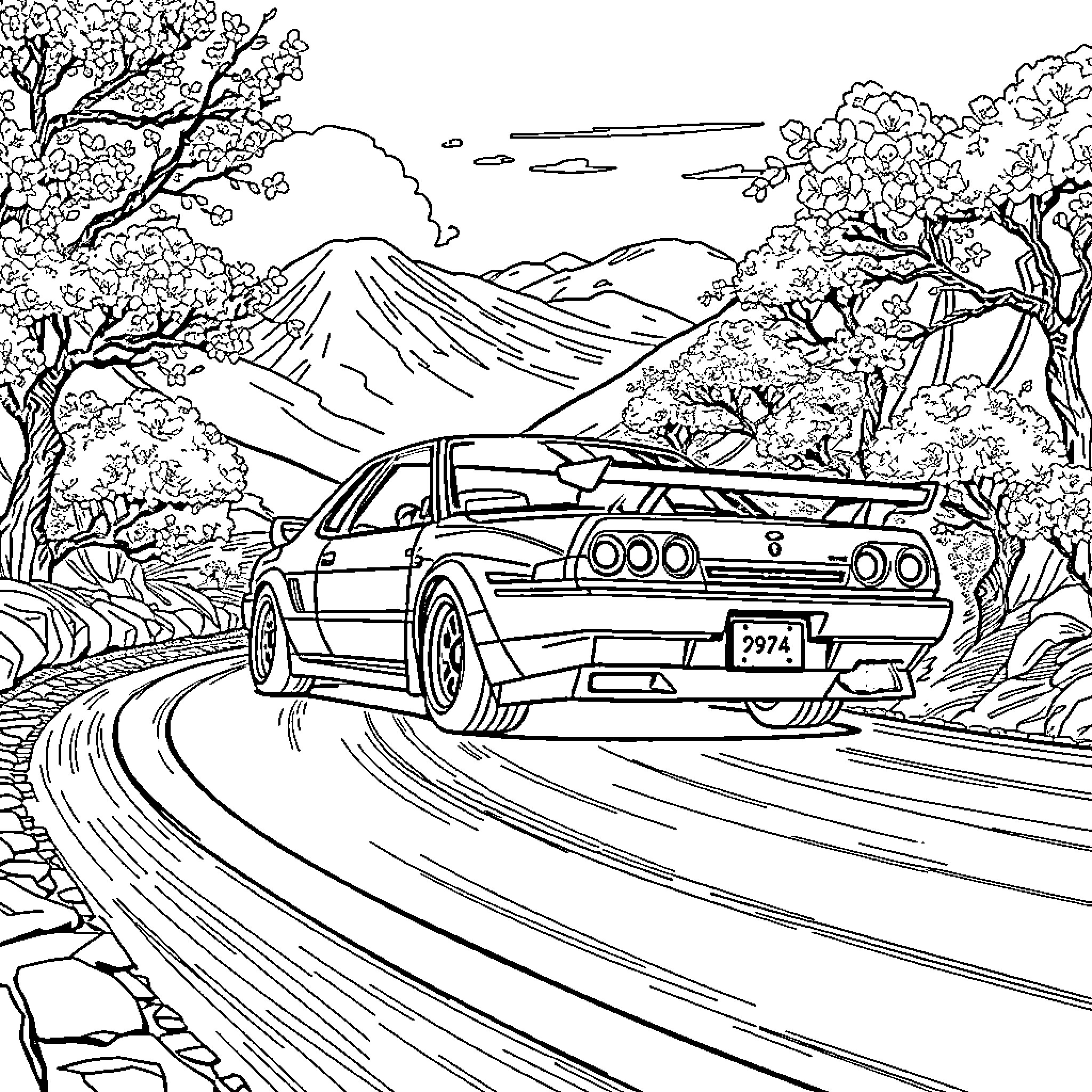 Nissan Skyline speeding through scenic mountain road Coloring Page (free black-and-white line drawing printable PDF for all, from beginners to advanced learners, including children, teens, adults, and seniors)