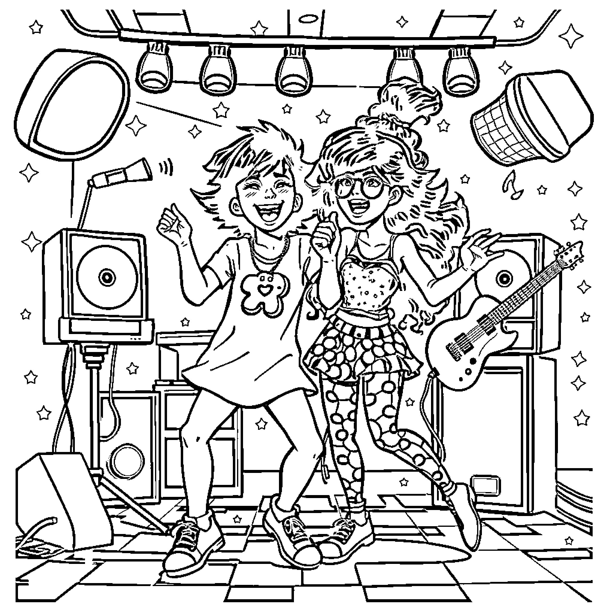 KPOP Roomie Jamming Out in Stylish Outfits Coloring Page (free black-and-white line drawing printable PDF for all, from beginners to advanced learners, including children, teens, adults, and seniors)