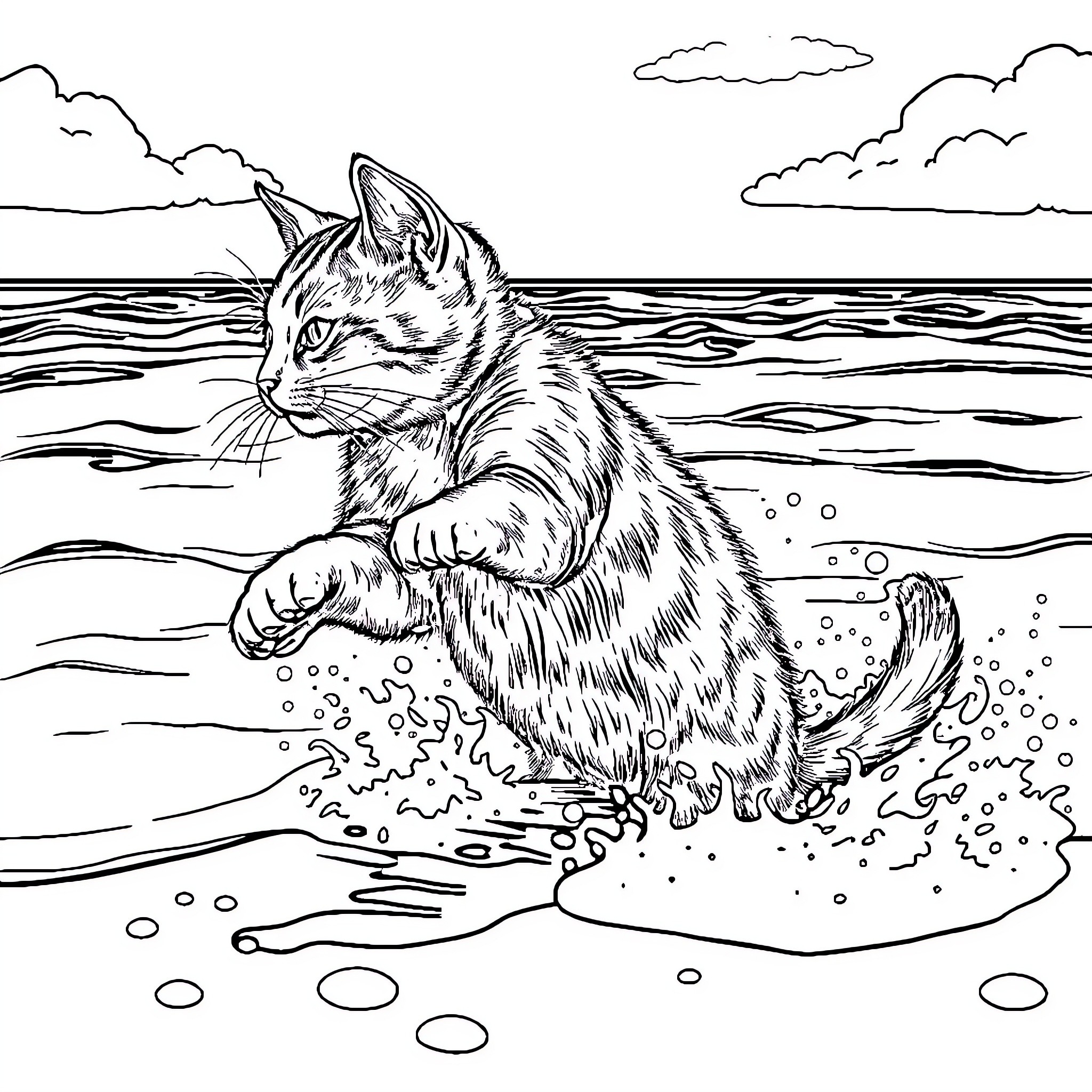 Gato playing by the shore Coloring Page (free black-and-white line drawing printable PDF for all, from beginners to advanced learners, including children, teens, adults, and seniors)