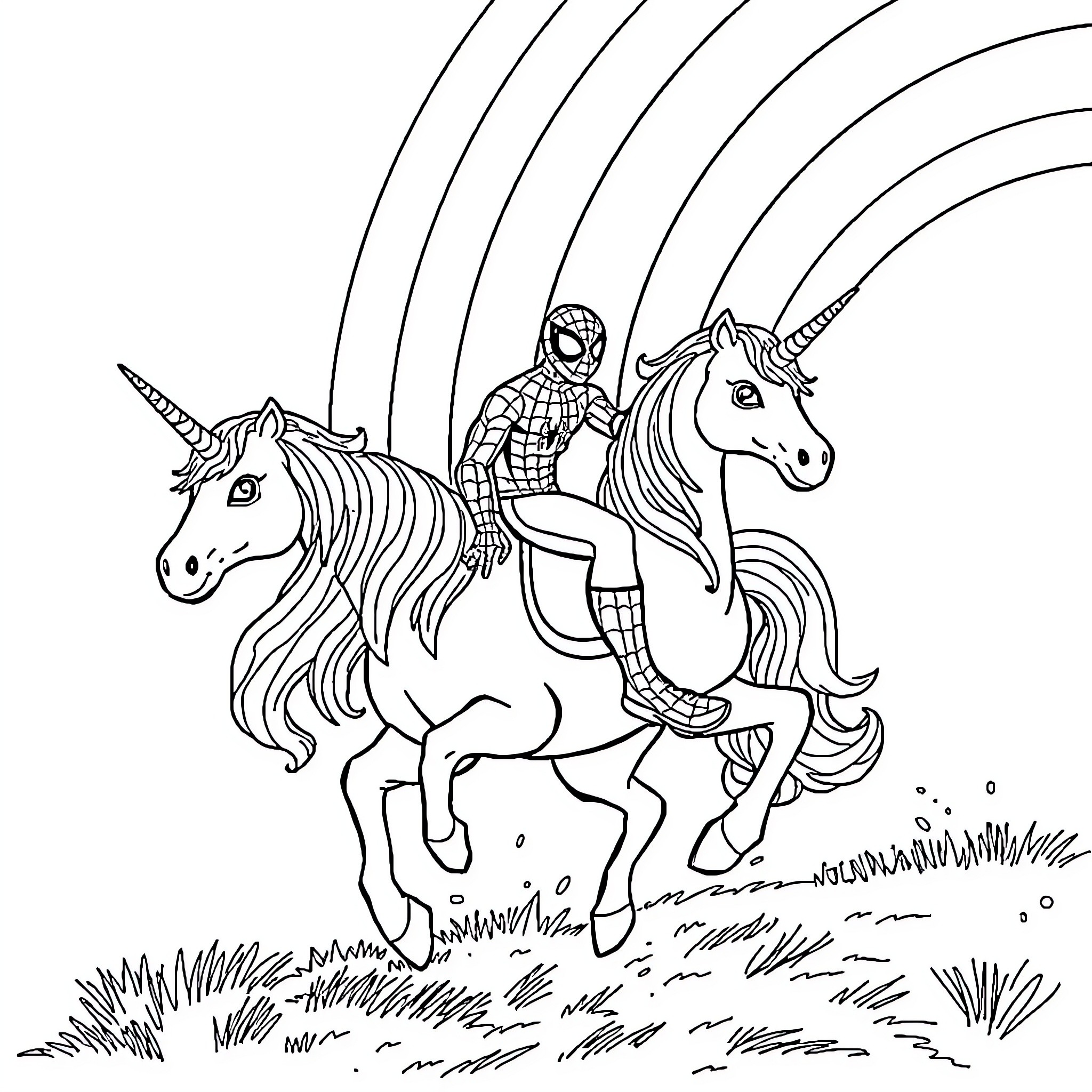 Spider-Man riding a unicorn through a magical field Coloring Page (free black-and-white line drawing printable PDF for all, from beginners to advanced learners, including children, teens, adults, and seniors)