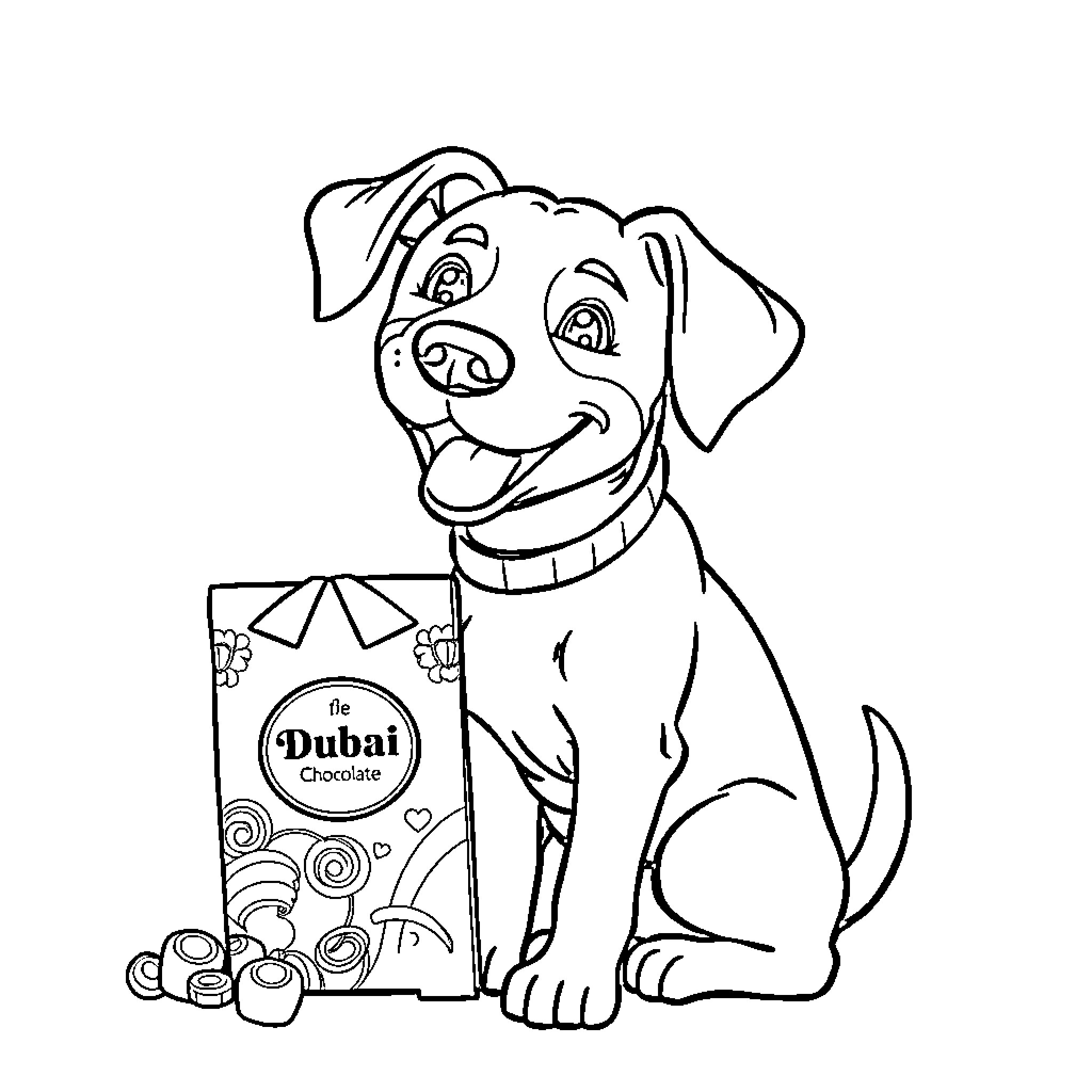 Dog enjoying Dubai chocolate box treats Coloring Page (free black-and-white line drawing printable PDF for all, from beginners to advanced learners, including children, teens, adults, and seniors)