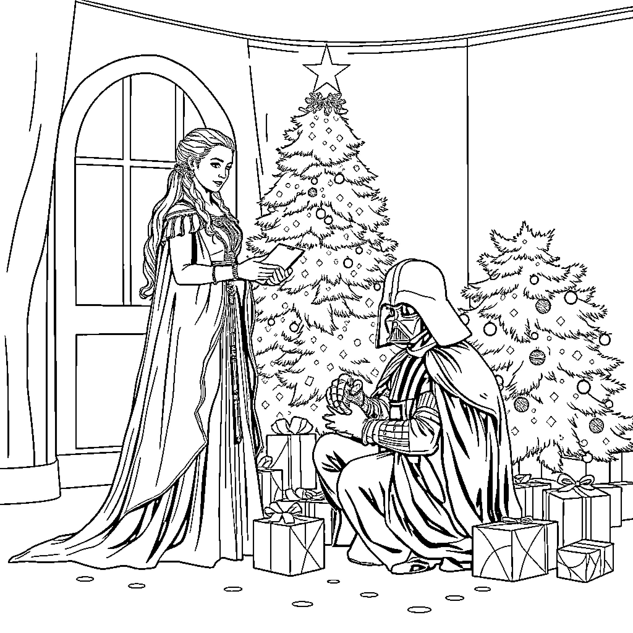 Daenerys Targaryen decorating the Christmas tree with Darth Vader Coloring Page (free black-and-white line drawing printable PDF for all, from beginners to advanced learners, including children, teens, adults, and seniors)