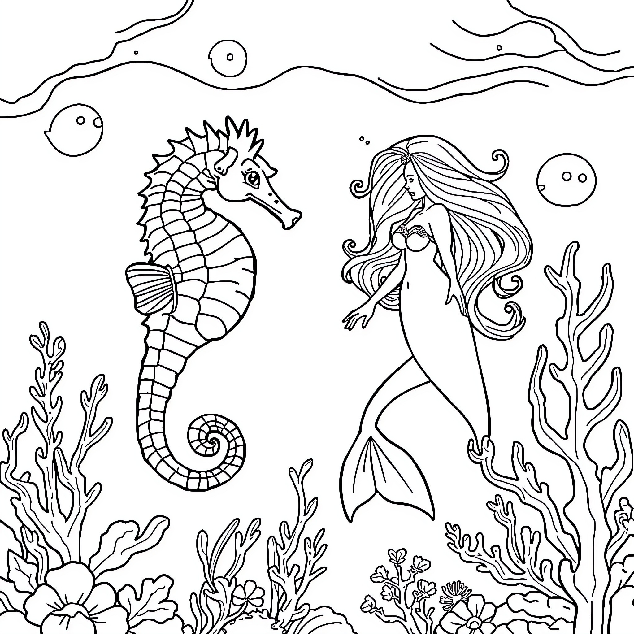 Seahorse and mermaid swimming in the ocean Coloring Page (free black-and-white line drawing printable PDF for all, from beginners to advanced learners, including children, teens, adults, and seniors)
