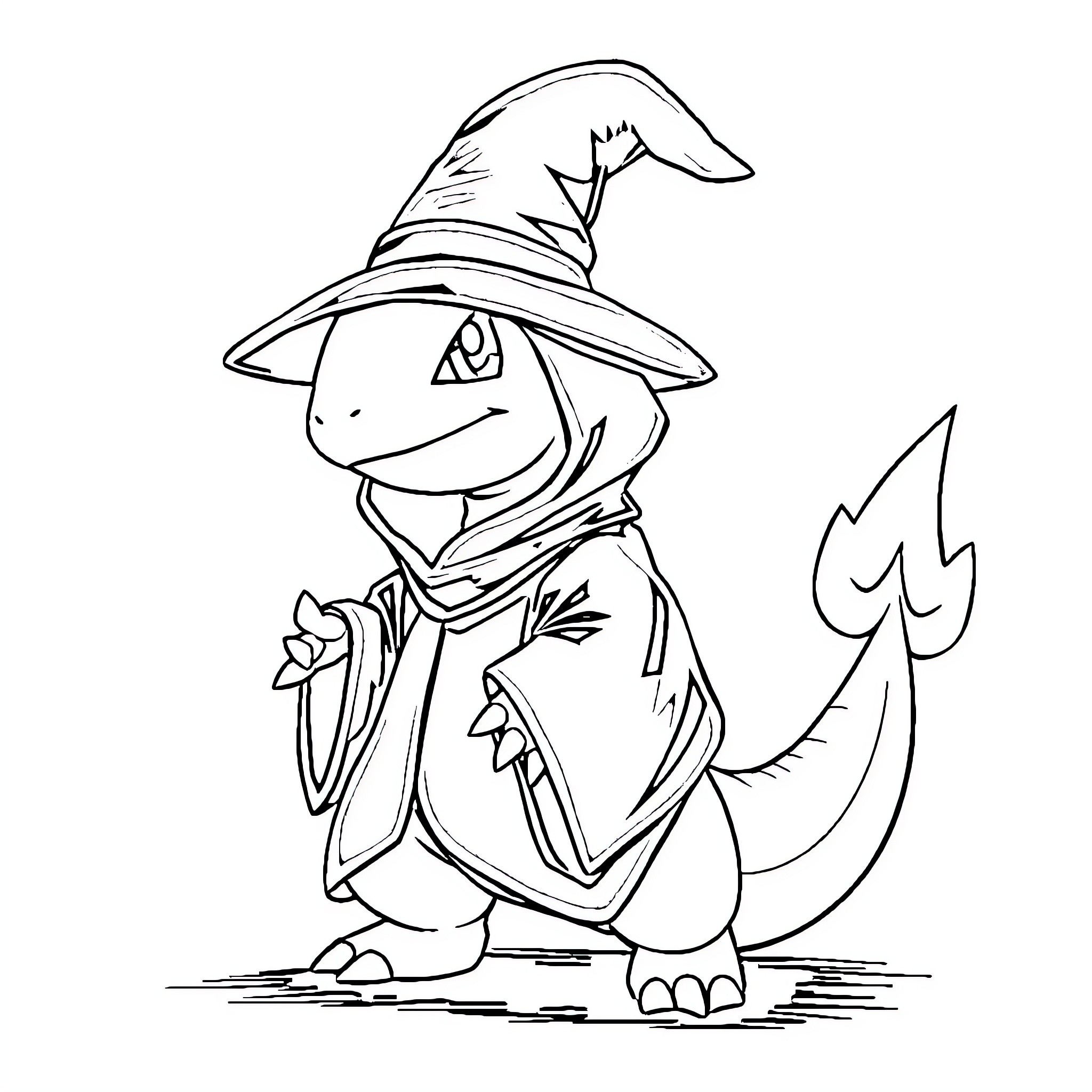 Charmander in a Wizard's Outfit Coloring Page (free black-and-white line drawing printable PDF for all, from beginners to advanced learners, including children, teens, adults, and seniors)