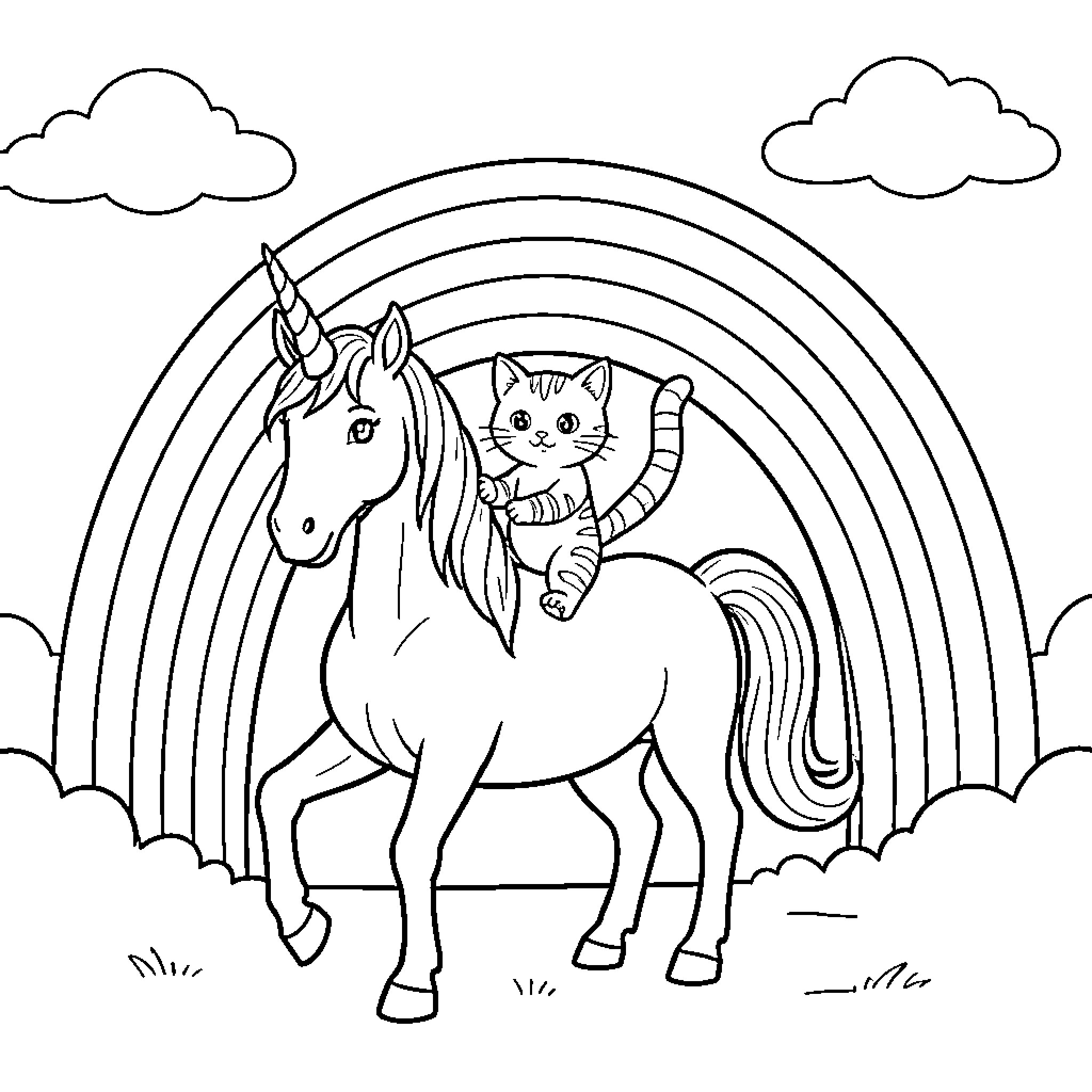 Cat riding a unicorn under a rainbow Coloring Page (free black-and-white line drawing printable PDF for all, from beginners to advanced learners, including children, teens, adults, and seniors)