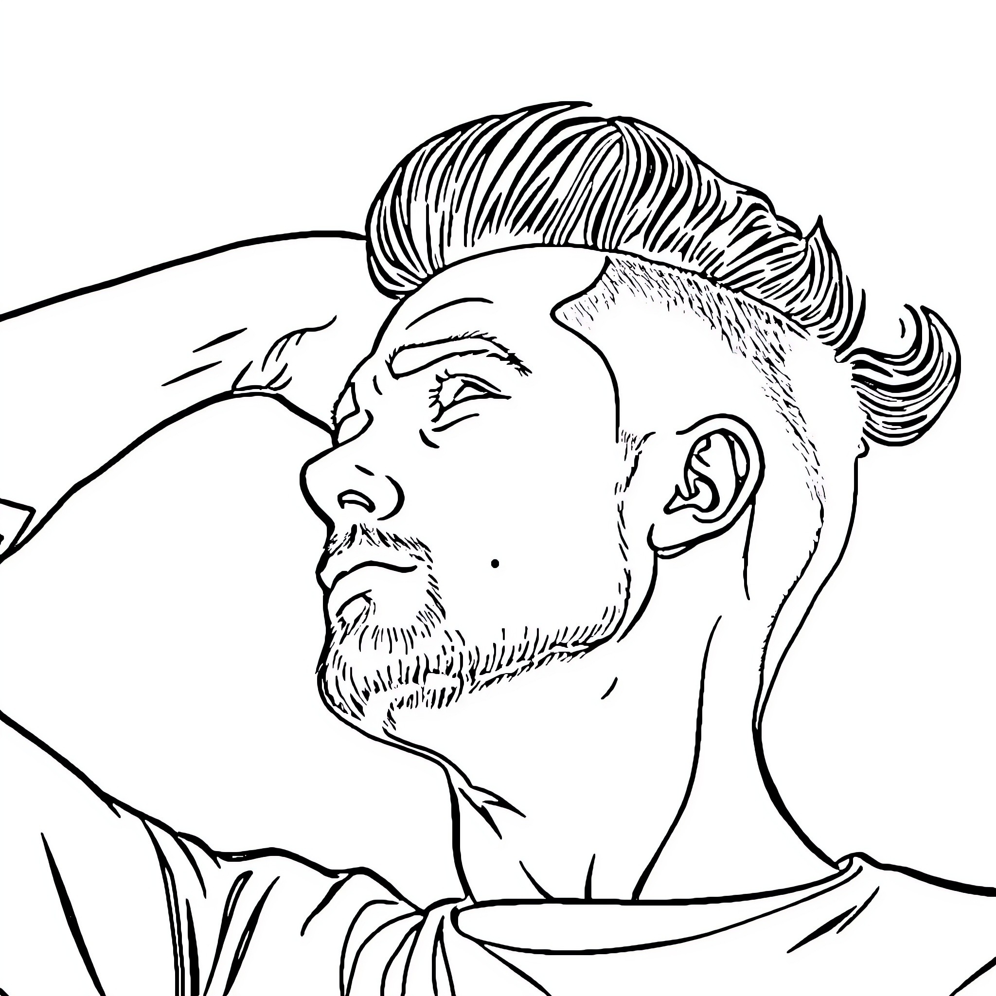 Homme in pensive expression with stylized hairstyle Coloring Page (free black-and-white line drawing printable PDF for all, from beginners to advanced learners, including children, teens, adults, and seniors)