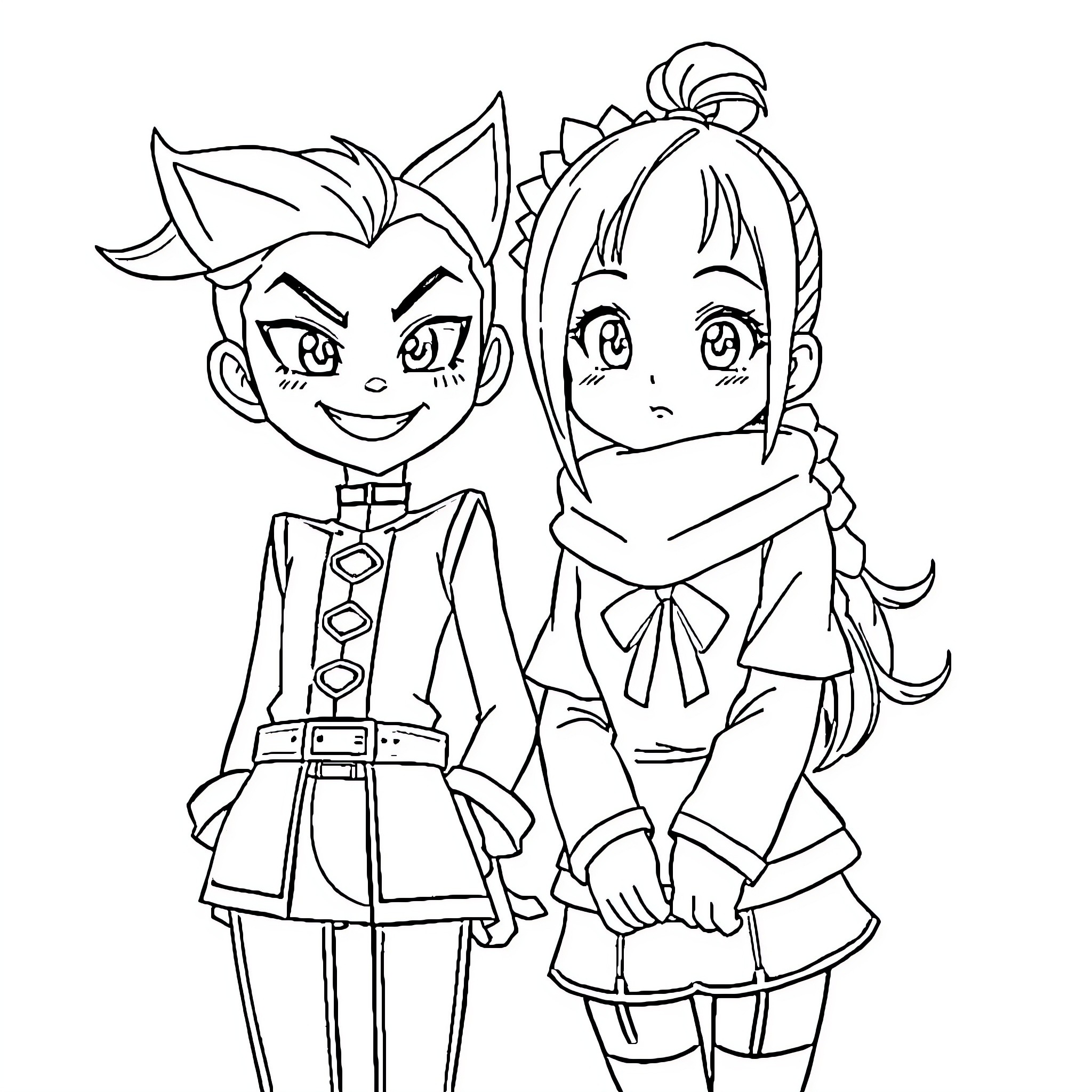 Jinx Anime Characters in Whimsical Attire Coloring Page (free black-and-white line drawing printable PDF for all, from beginners to advanced learners, including children, teens, adults, and seniors)
